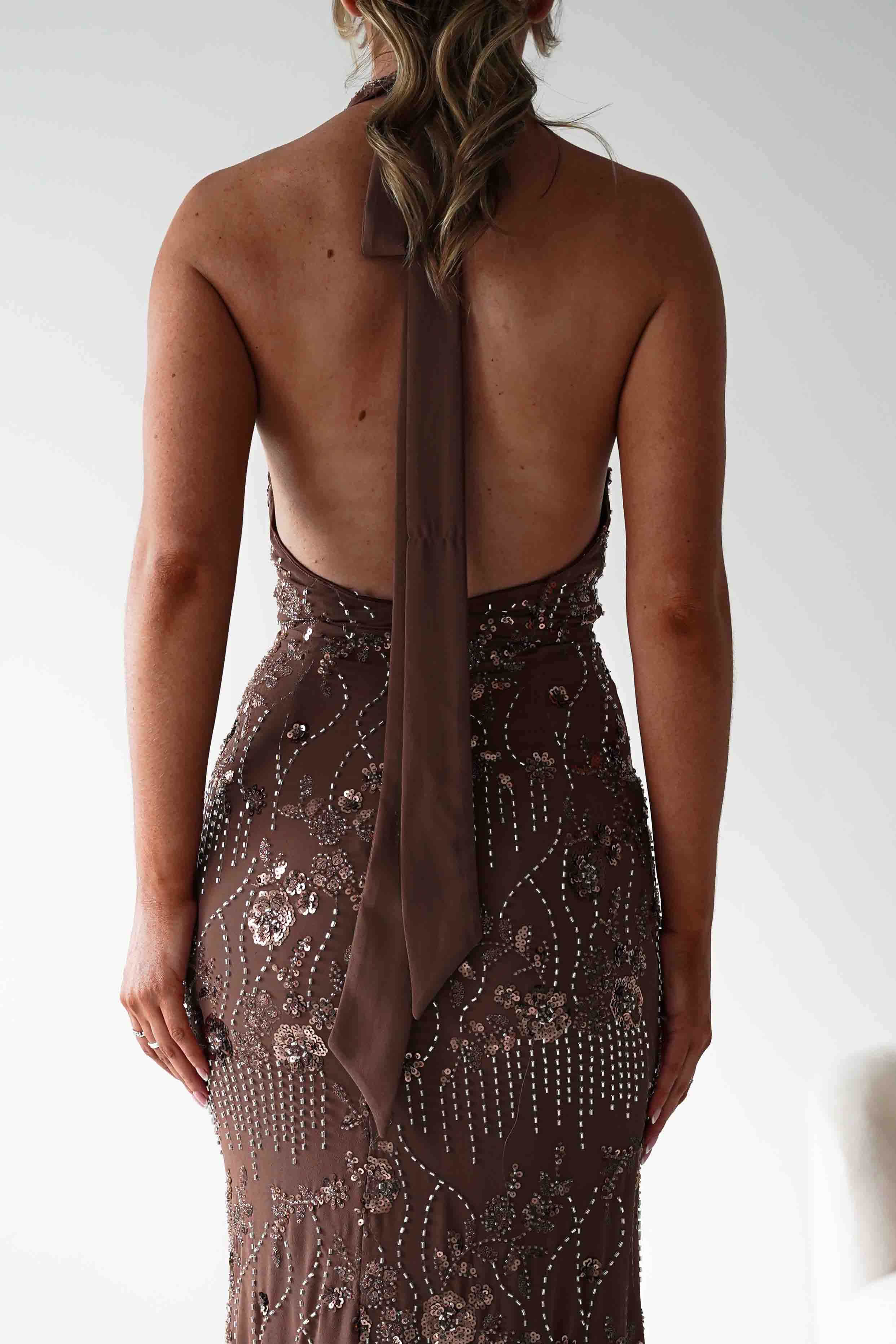 FACTORY Dresses Sabrina Beaded Halterneck Maxi Dress | Brown