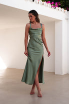 Salma Soft Matte Satin Midaxi  | Olive - Oh Hello Clothing