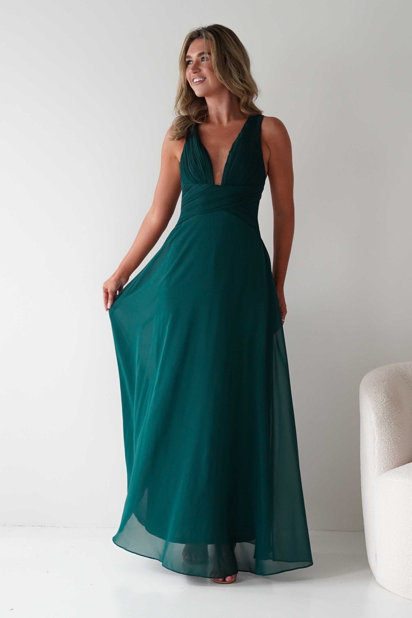 Sara A - Line Chiffon Maxi Dress | Emerald Green | Oh Hello Clothing | S (8)