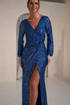 Sharley Sequin Long Sleeve Gown | Lapis Blue - Oh Hello Clothing