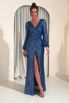 Sharley Sequin Long Sleeve Gown | Lapis Blue - Oh Hello Clothing
