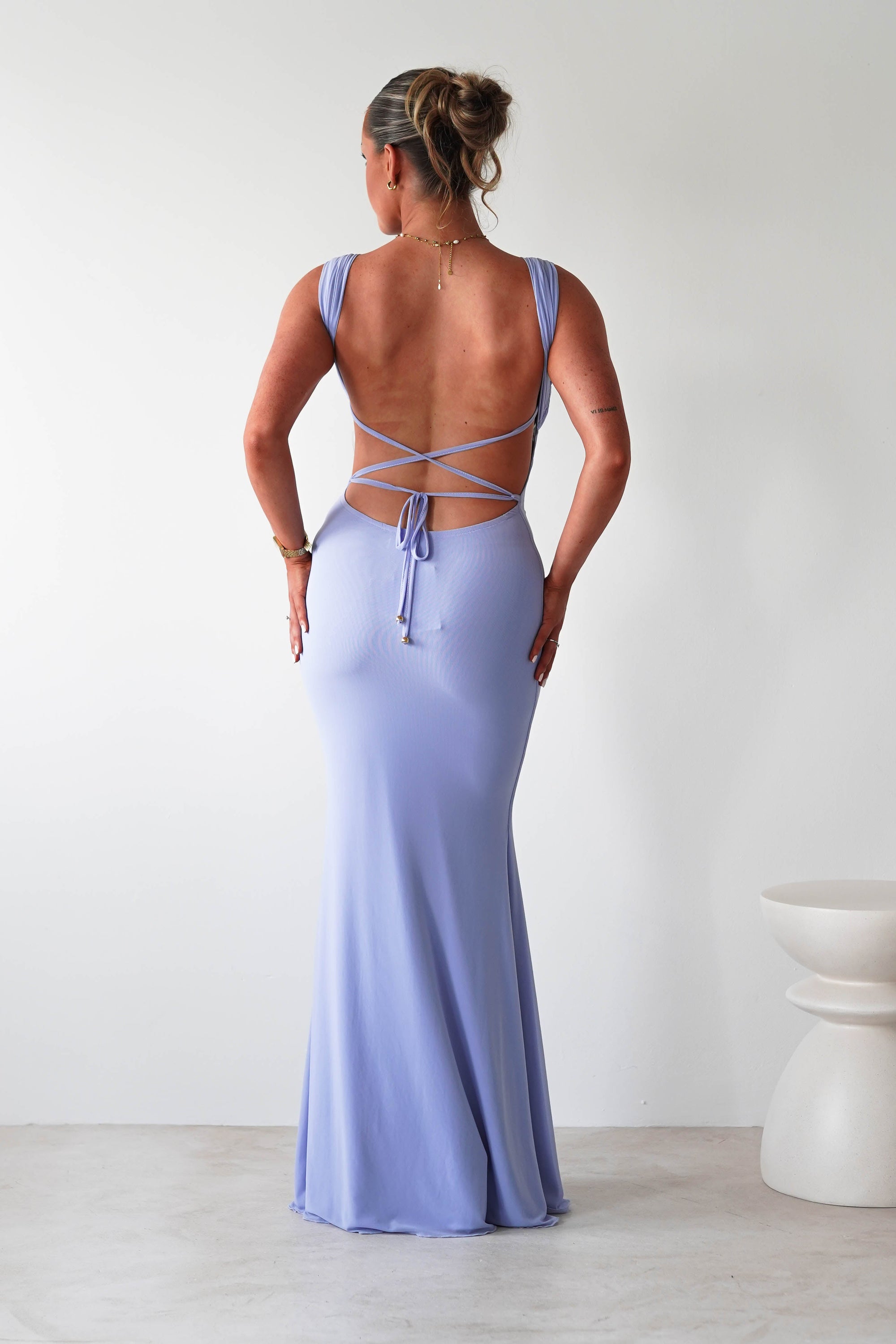 Sky Stretchy Mesh Backless Maxi Dress | Dusty Blue | Oh Hello Clothing | XS (6)