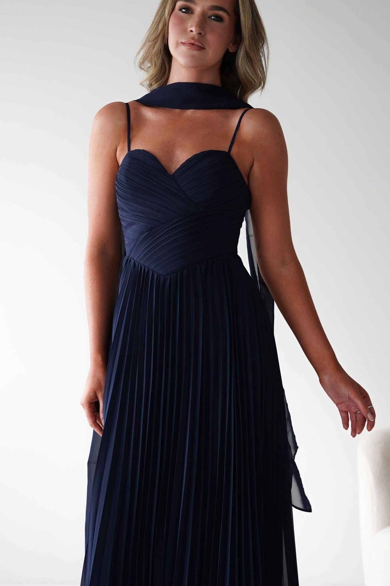 Sonia Pleated Scarf detail Maxi Dress | Navy | Oh Hello Clothing | S (8)