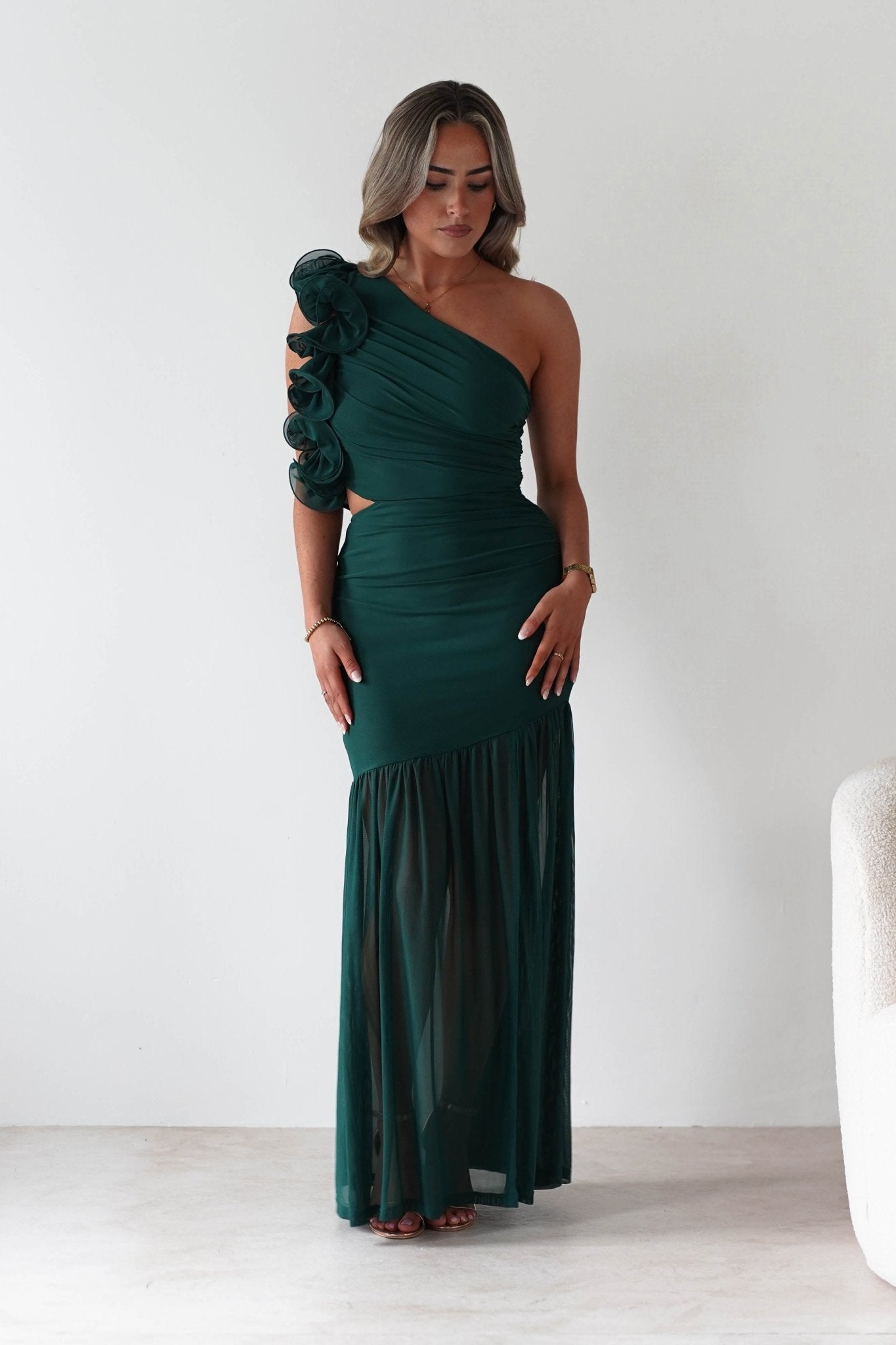 Stephanie Mesh Ruffle Maxi Dress Forest Green