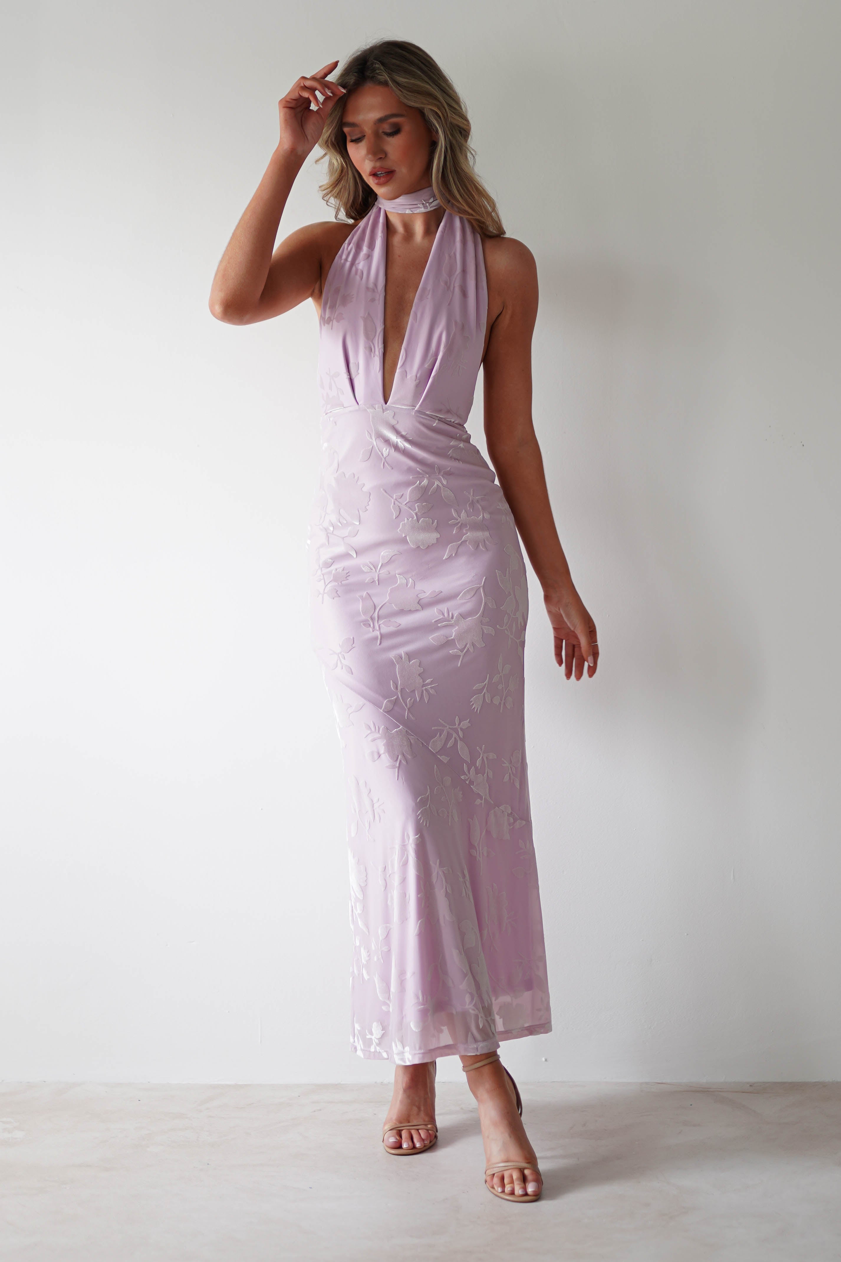 Oh Hello Clothing model wearing our gorgeous Tara Maxi Dress in Lilac
