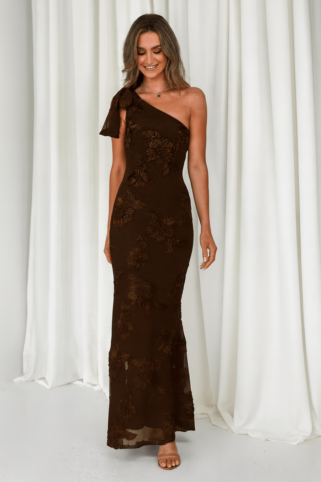 Thelma Floral Textured Maxi Dress | Brown | Oh Hello Clothing | XS (6)