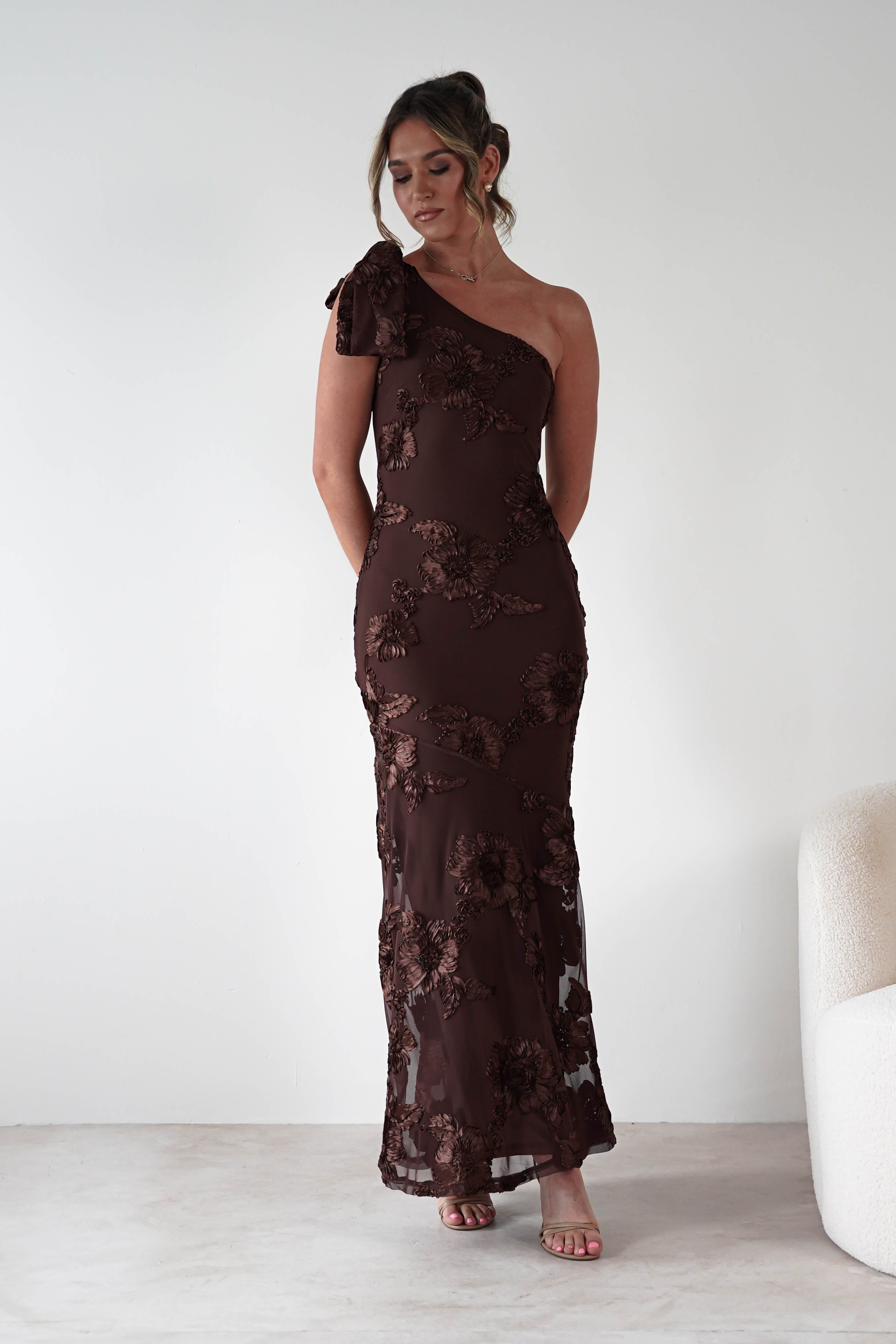F & P Wedding Guest Dresses Thelma Floral Textured Maxi Dress | Brown