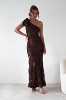 F & P Wedding Guest Dresses Thelma Floral Textured Maxi Dress | Brown
