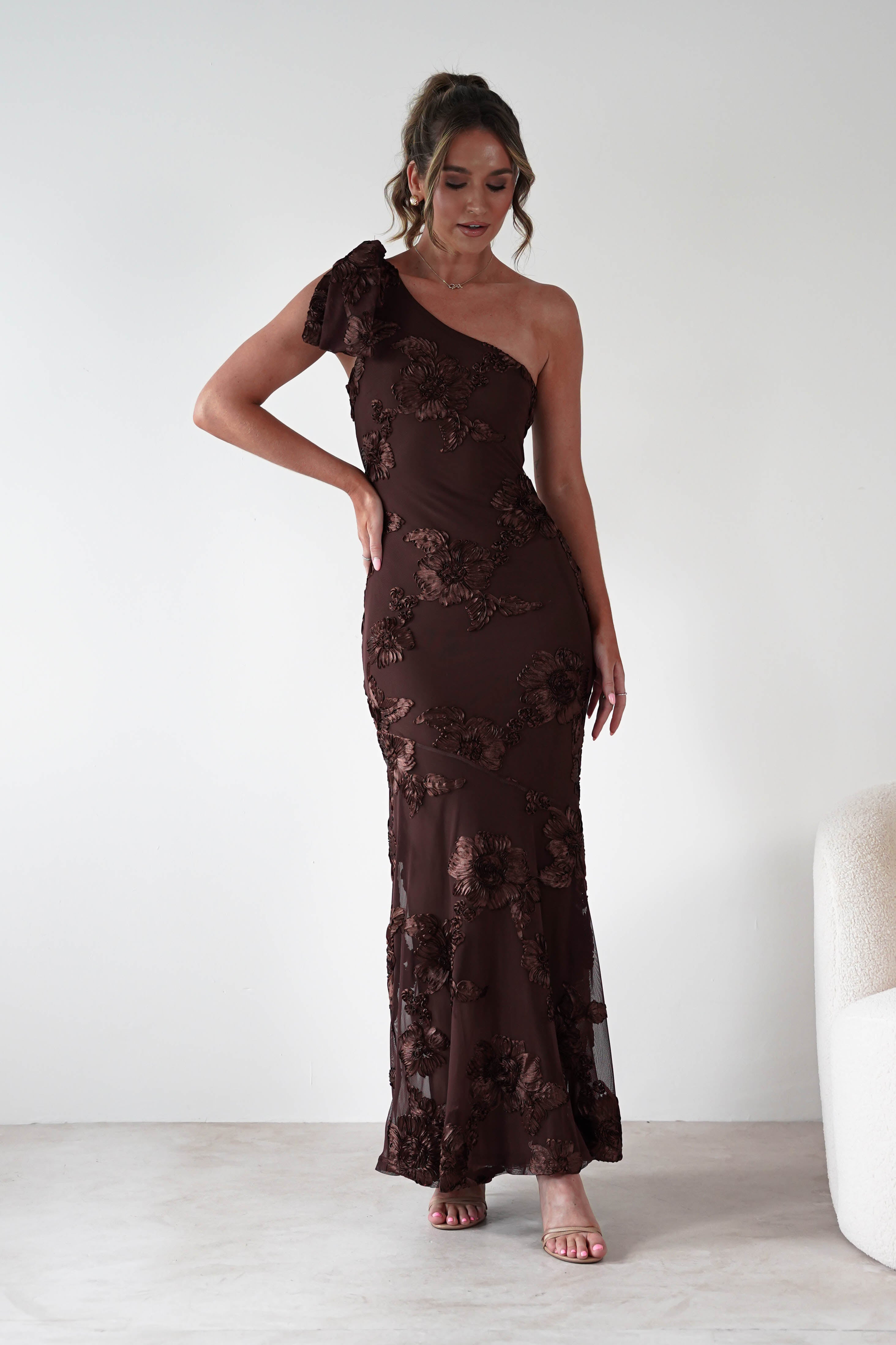 F & P Wedding Guest Dresses Thelma Floral Textured Maxi Dress | Brown