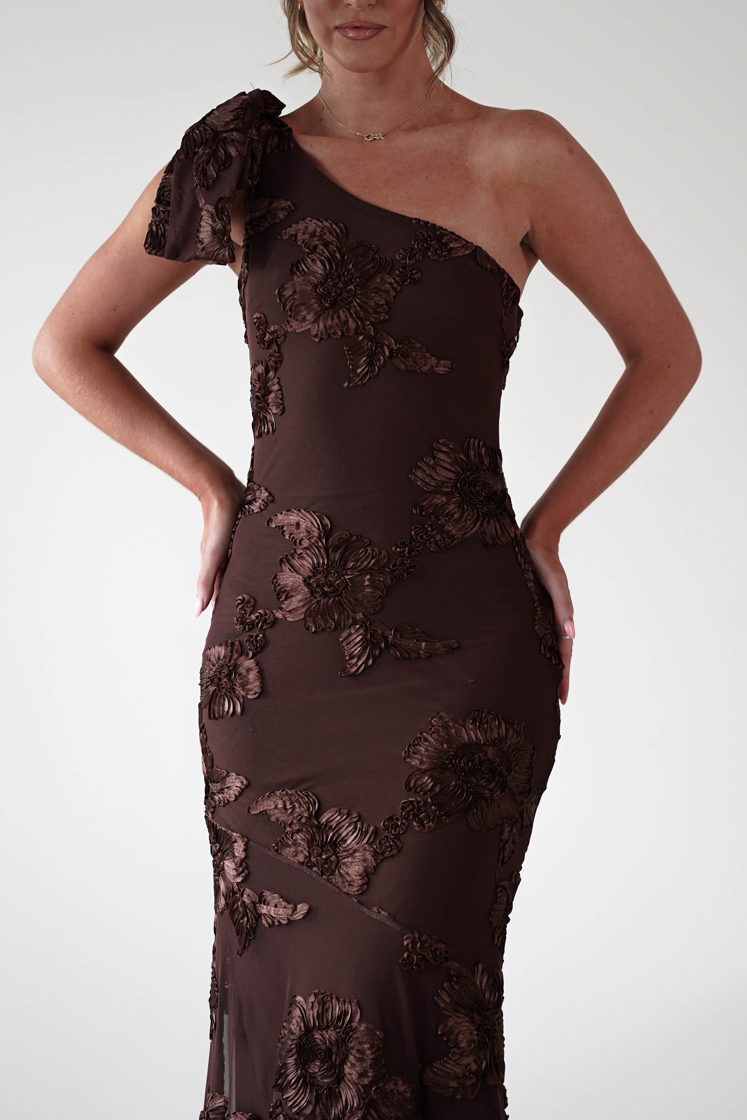 F & P Wedding Guest Dresses Thelma Floral Textured Maxi Dress | Brown