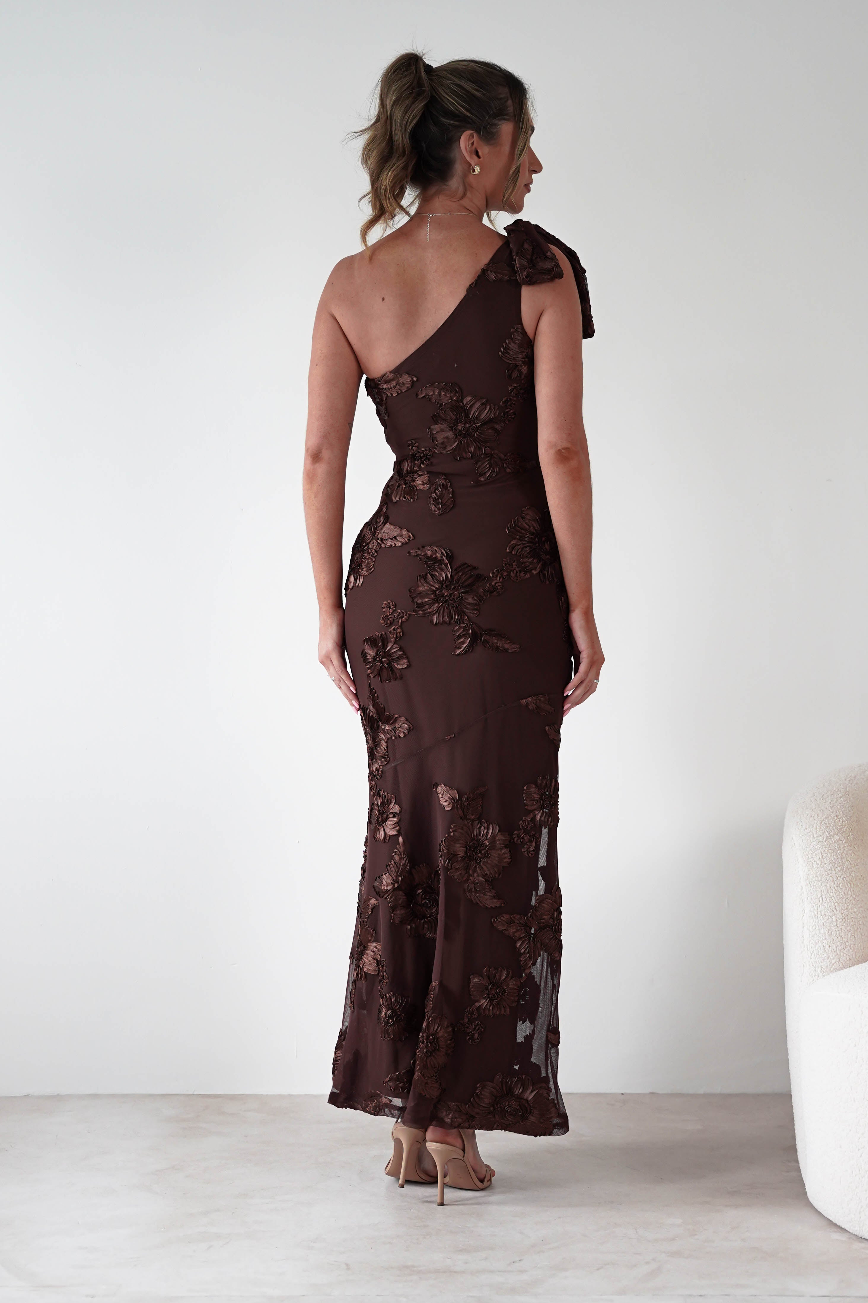 F & P Wedding Guest Dresses Thelma Floral Textured Maxi Dress | Brown