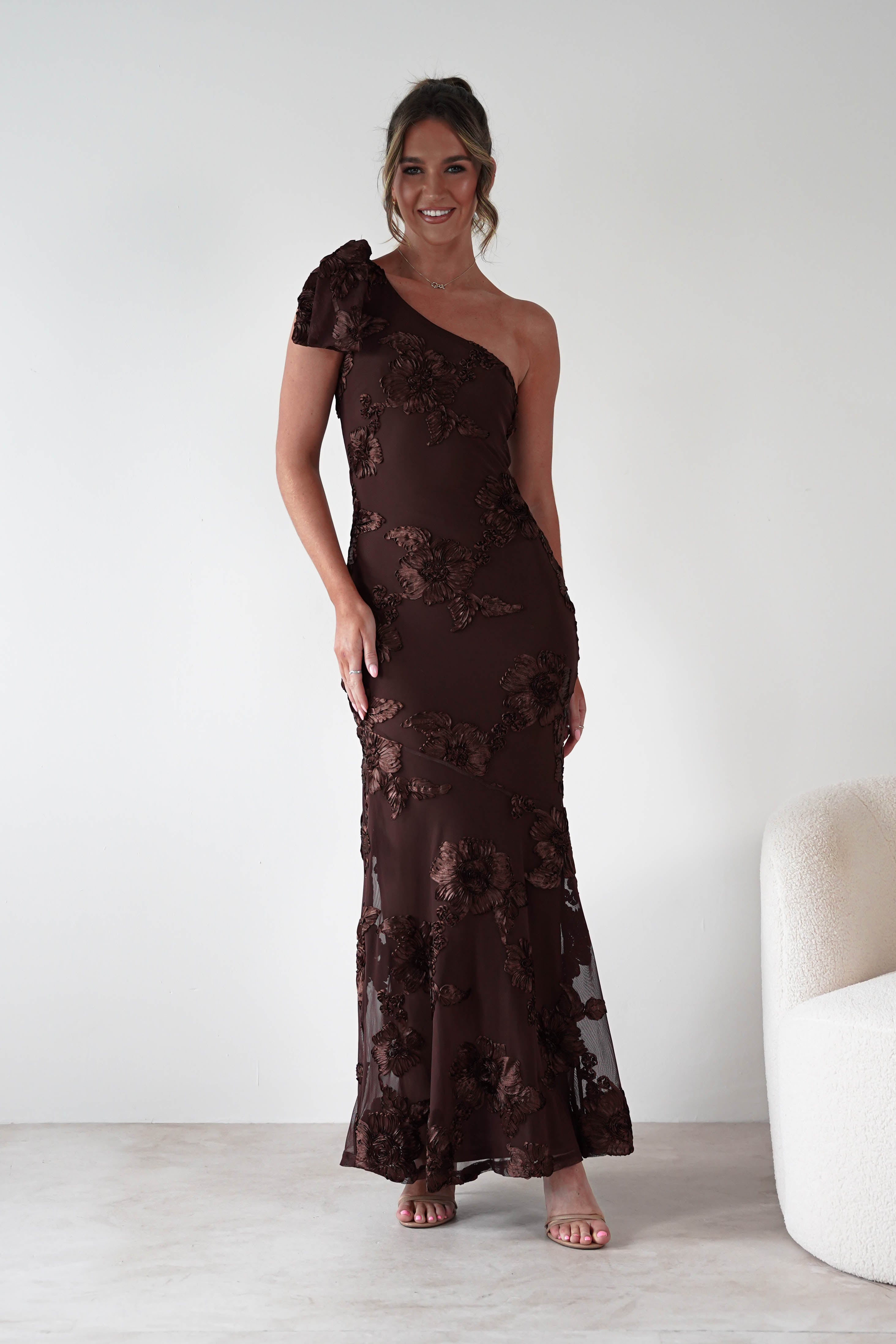 F & P Wedding Guest Dresses Thelma Floral Textured Maxi Dress | Brown