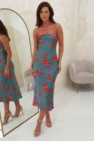 Valencia Floral Print Strapless Midi  | Teal Print - Oh Hello Clothing