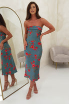 Valencia Floral Print Strapless Midi  | Teal Print - Oh Hello Clothing