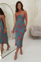 Valencia Floral Print Strapless Midi  | Teal Print - Oh Hello Clothing