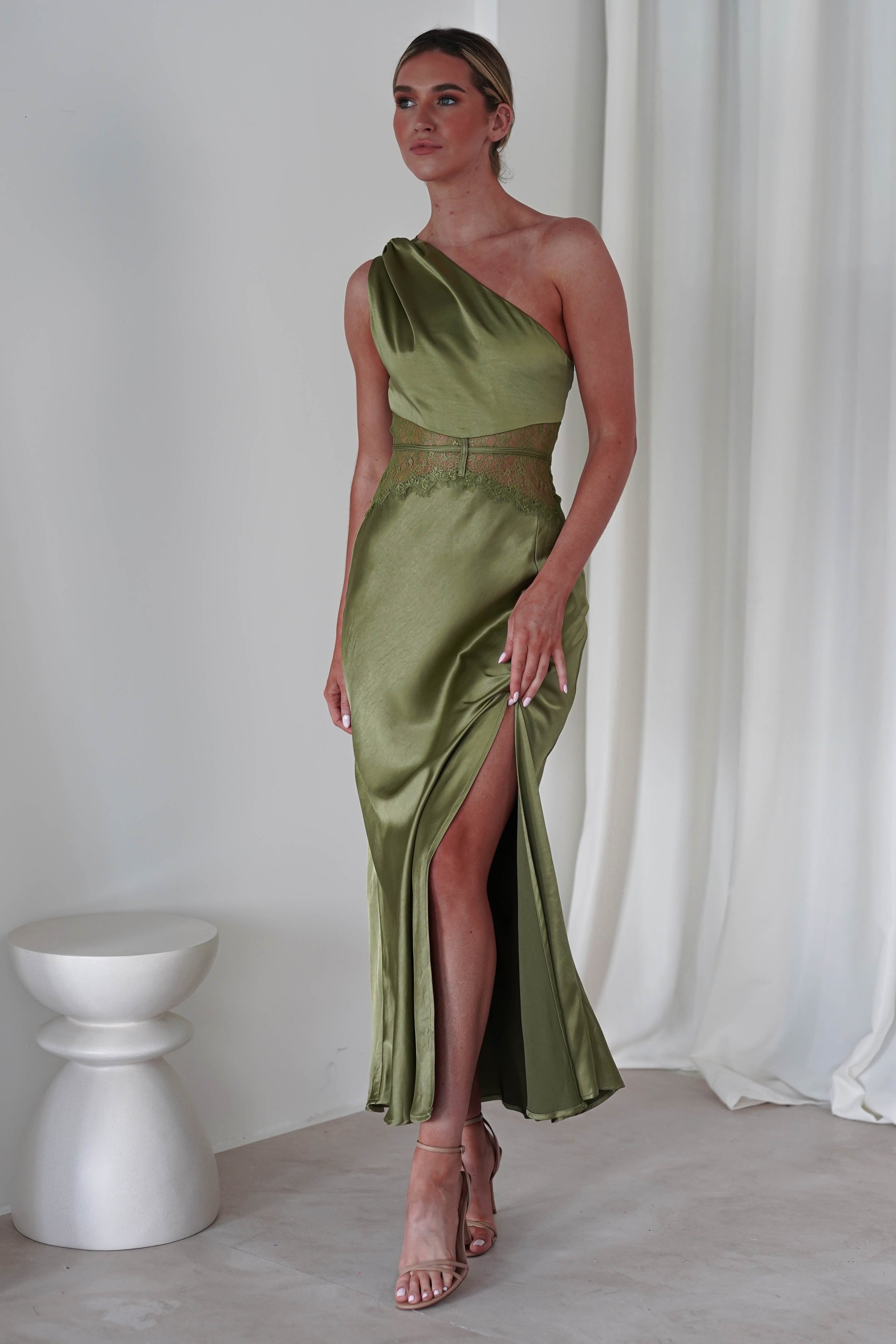 Valentina Soft Satin Maxi Dress | Olive - Oh Hello Clothing