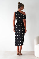 LUXXEL Wedding Guest Dresses Valora Polka Dot Satin Midi Dress | Black