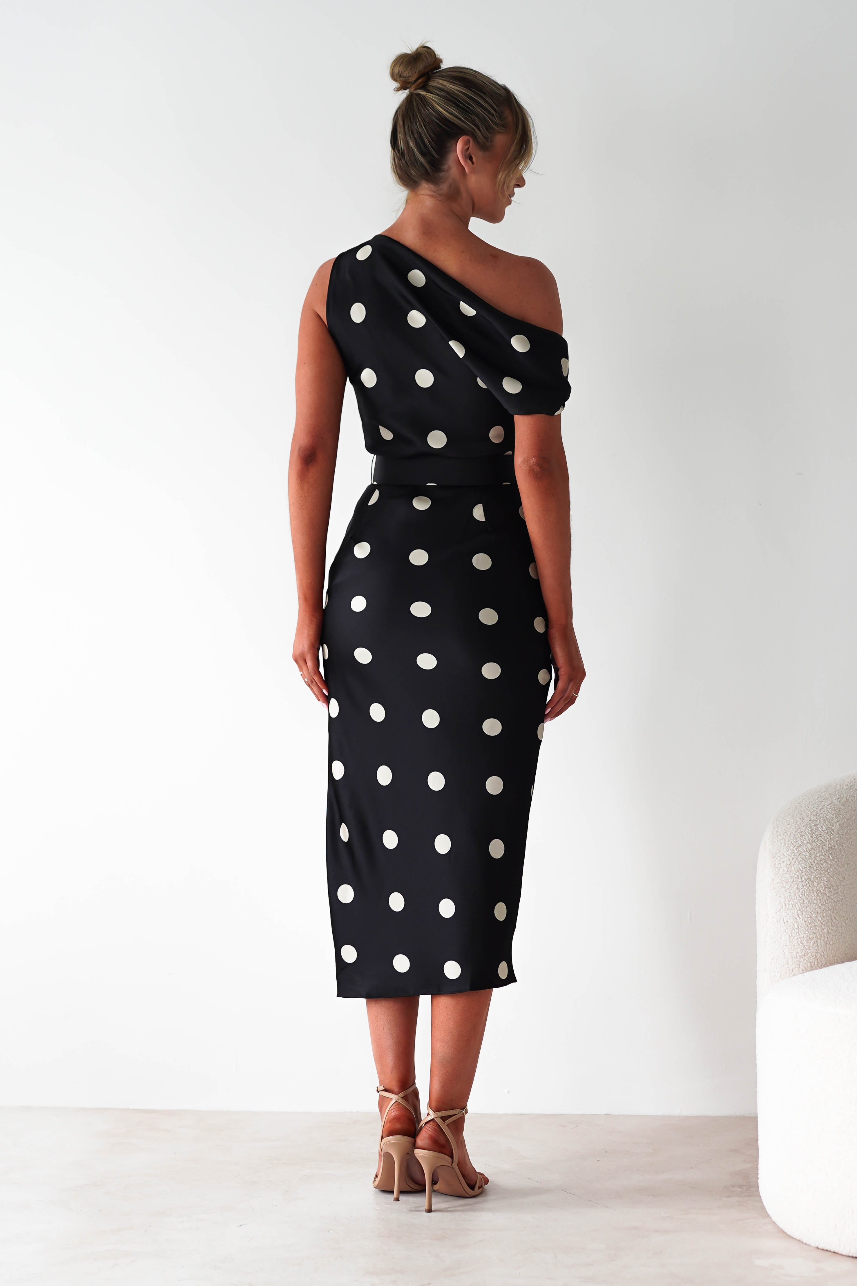 LUXXEL Wedding Guest Dresses Valora Polka Dot Satin Midi Dress | Black