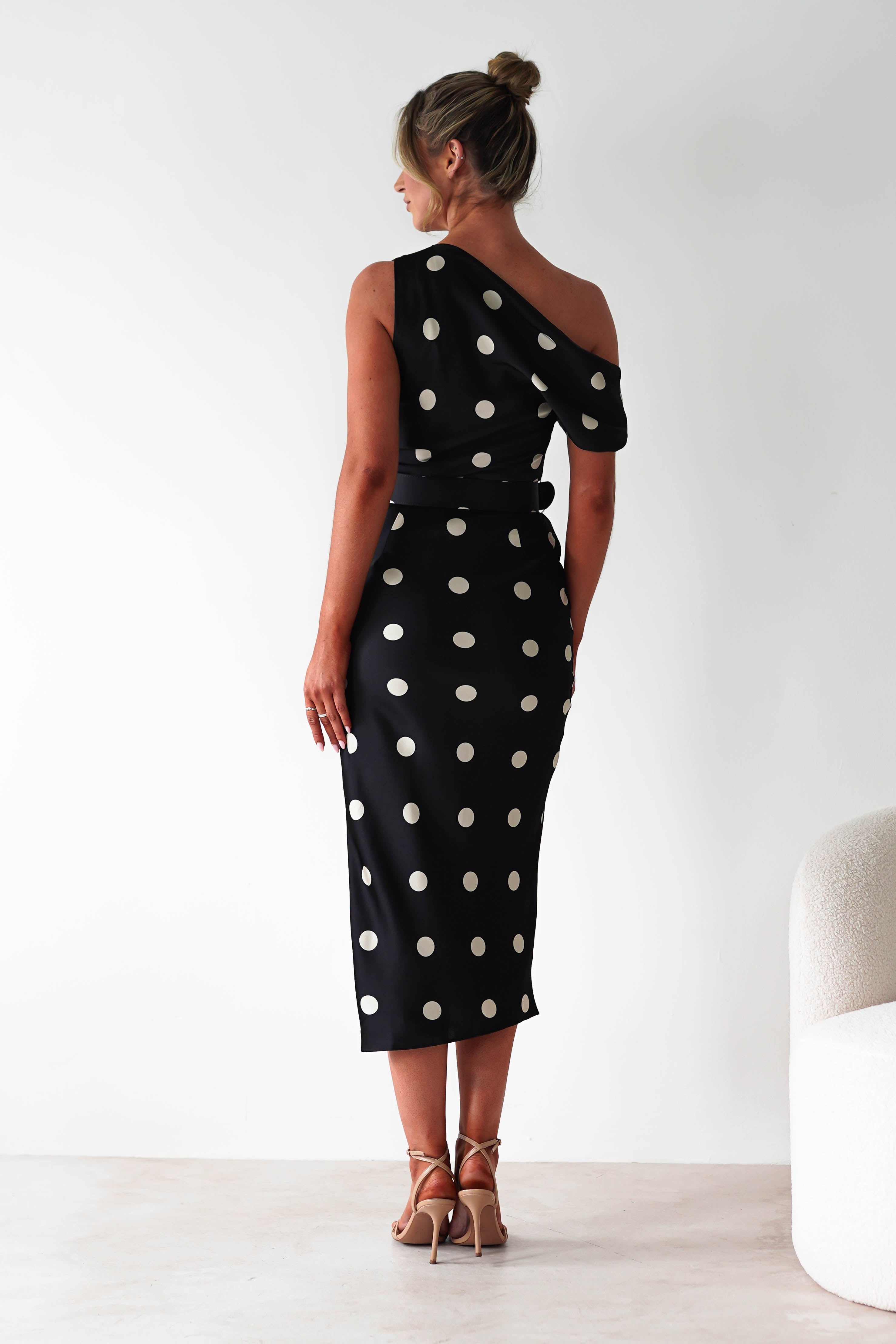 LUXXEL Wedding Guest Dresses Valora Polka Dot Satin Midi Dress | Black