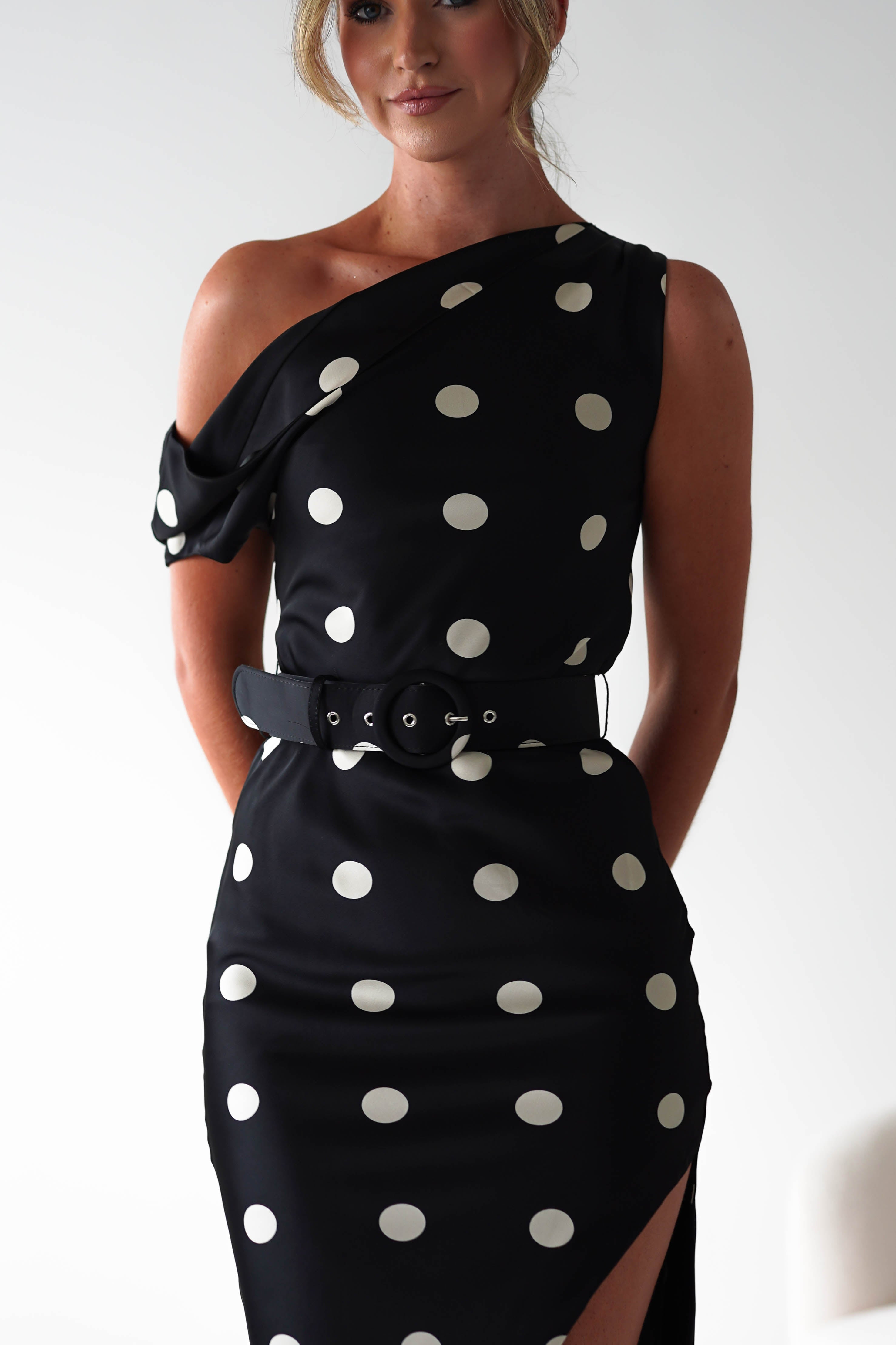 LUXXEL Wedding Guest Dresses Valora Polka Dot Satin Midi Dress | Black