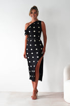 LUXXEL Wedding Guest Dresses Valora Polka Dot Satin Midi Dress | Black