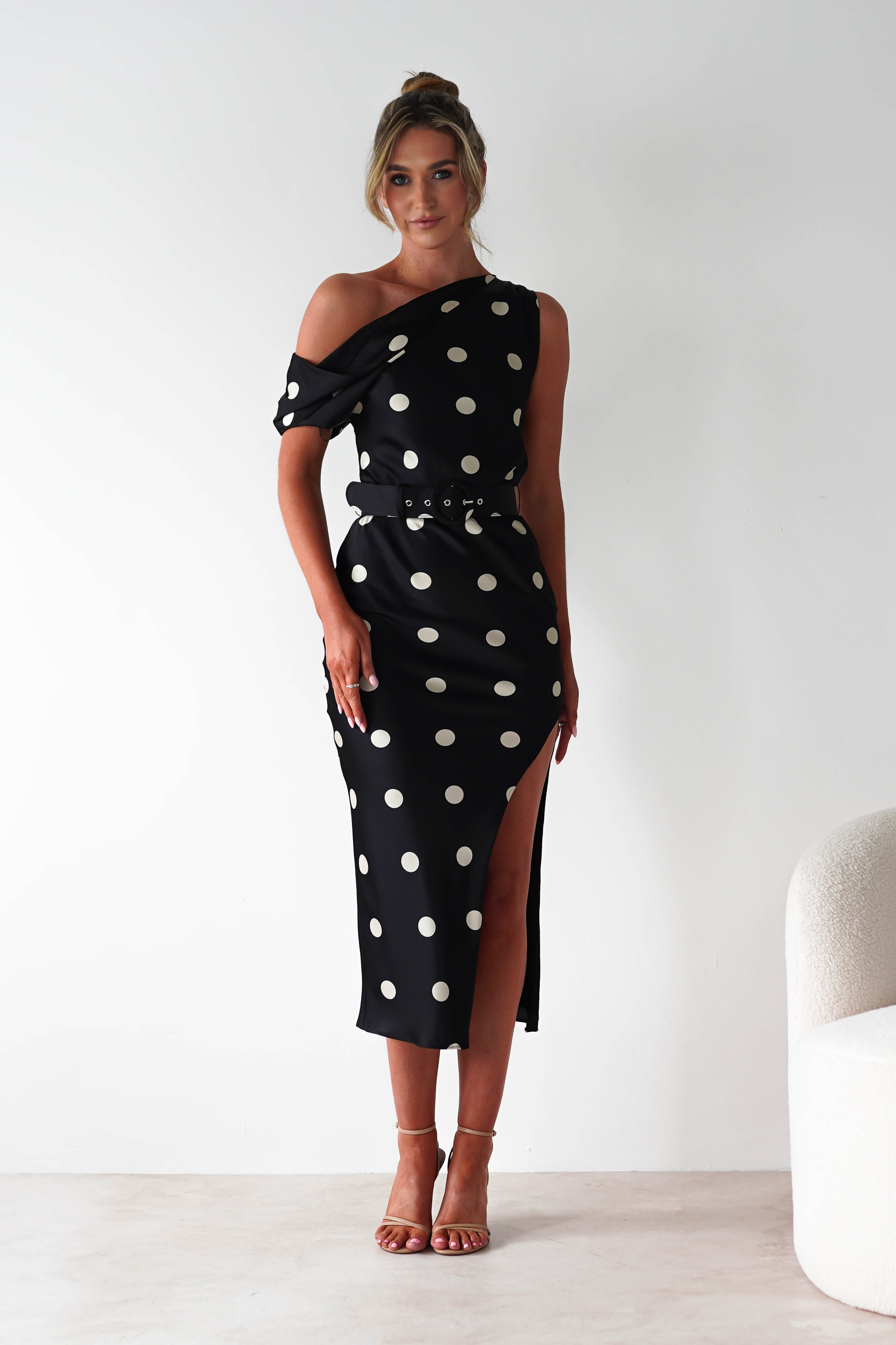 LUXXEL Wedding Guest Dresses Valora Polka Dot Satin Midi Dress | Black