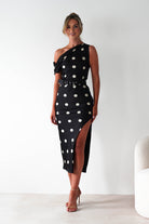 LUXXEL Wedding Guest Dresses Valora Polka Dot Satin Midi Dress | Black