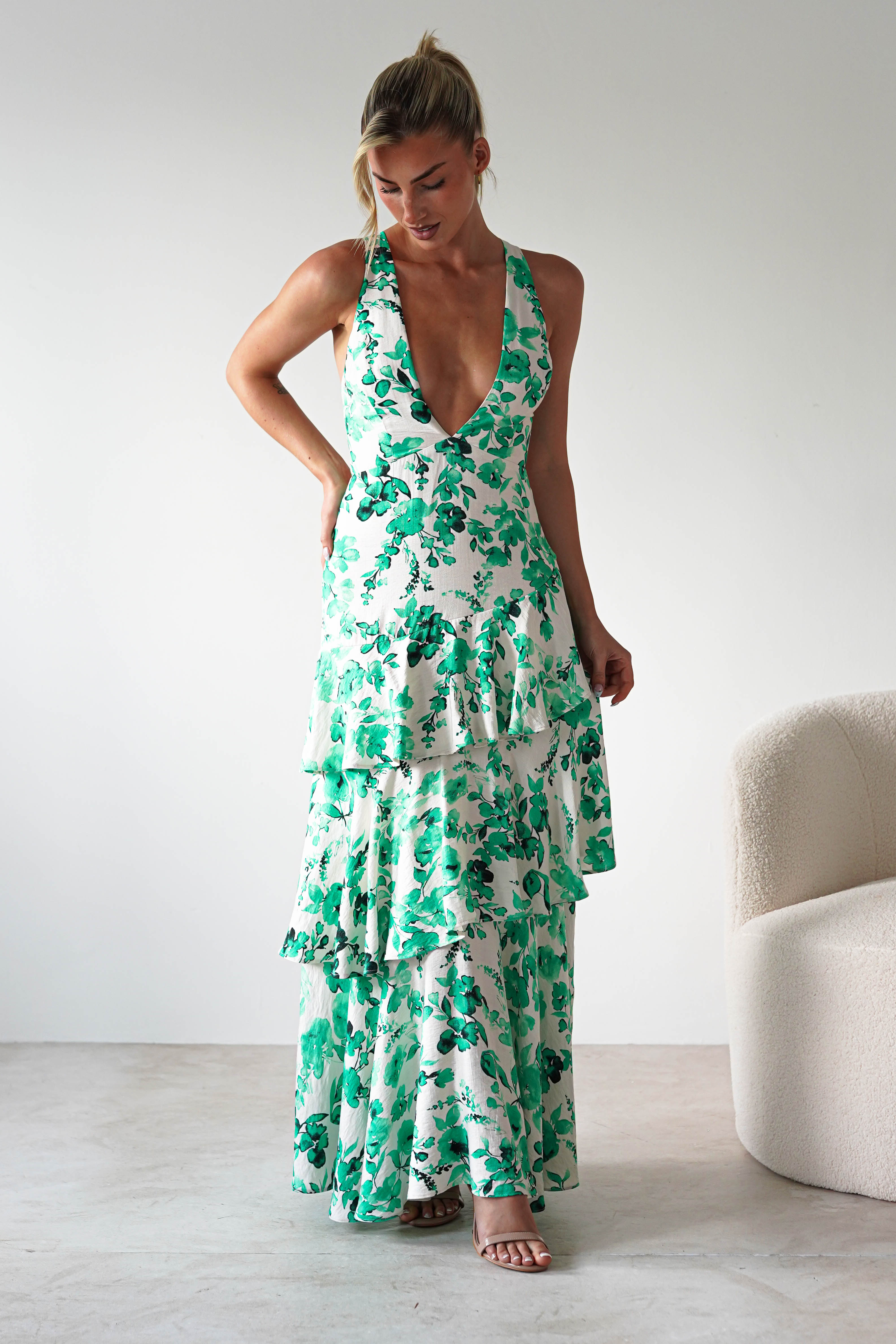 Varana Floral Ruffle Maxi Dress | Green