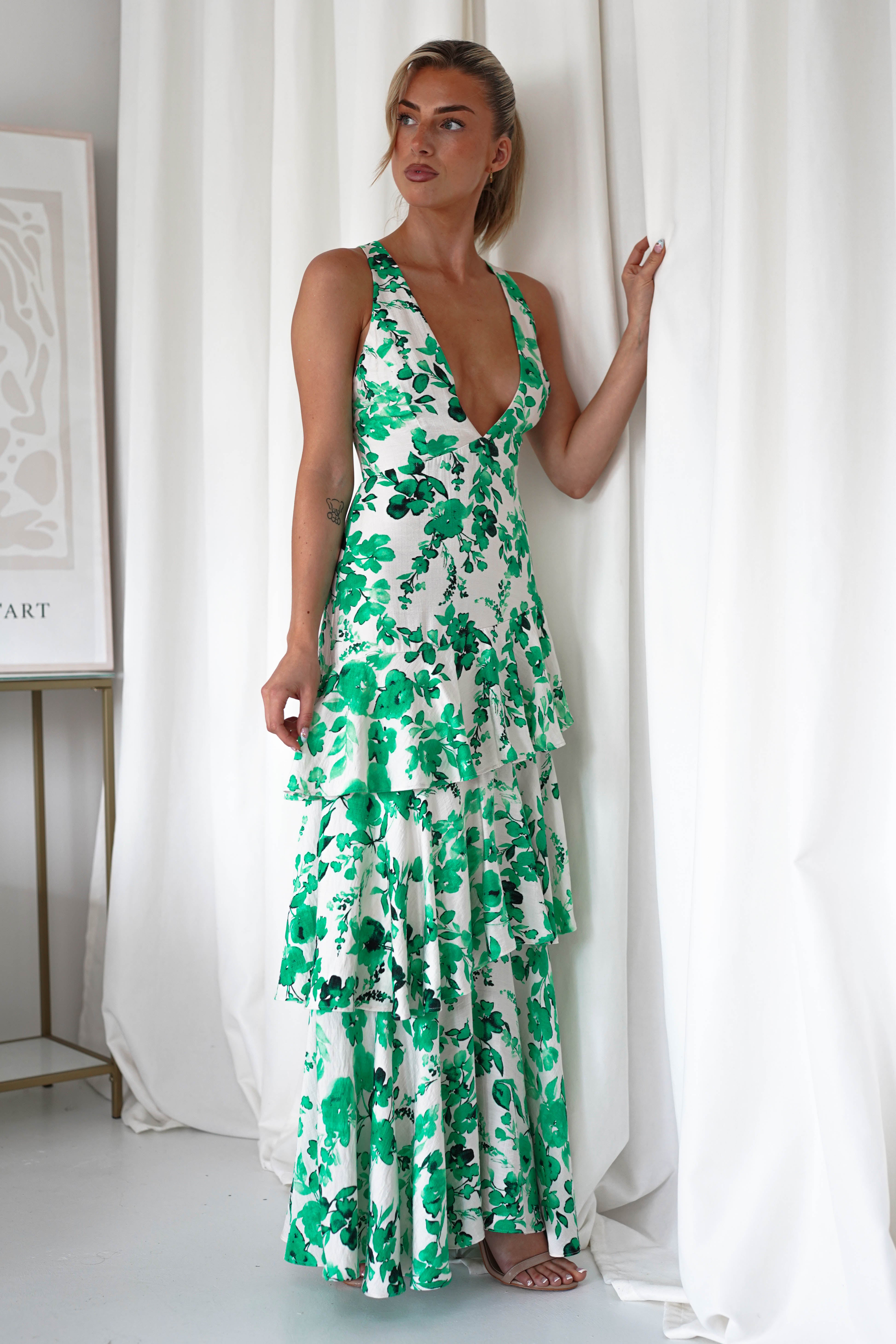 Varana Floral Ruffle Maxi Dress | Green