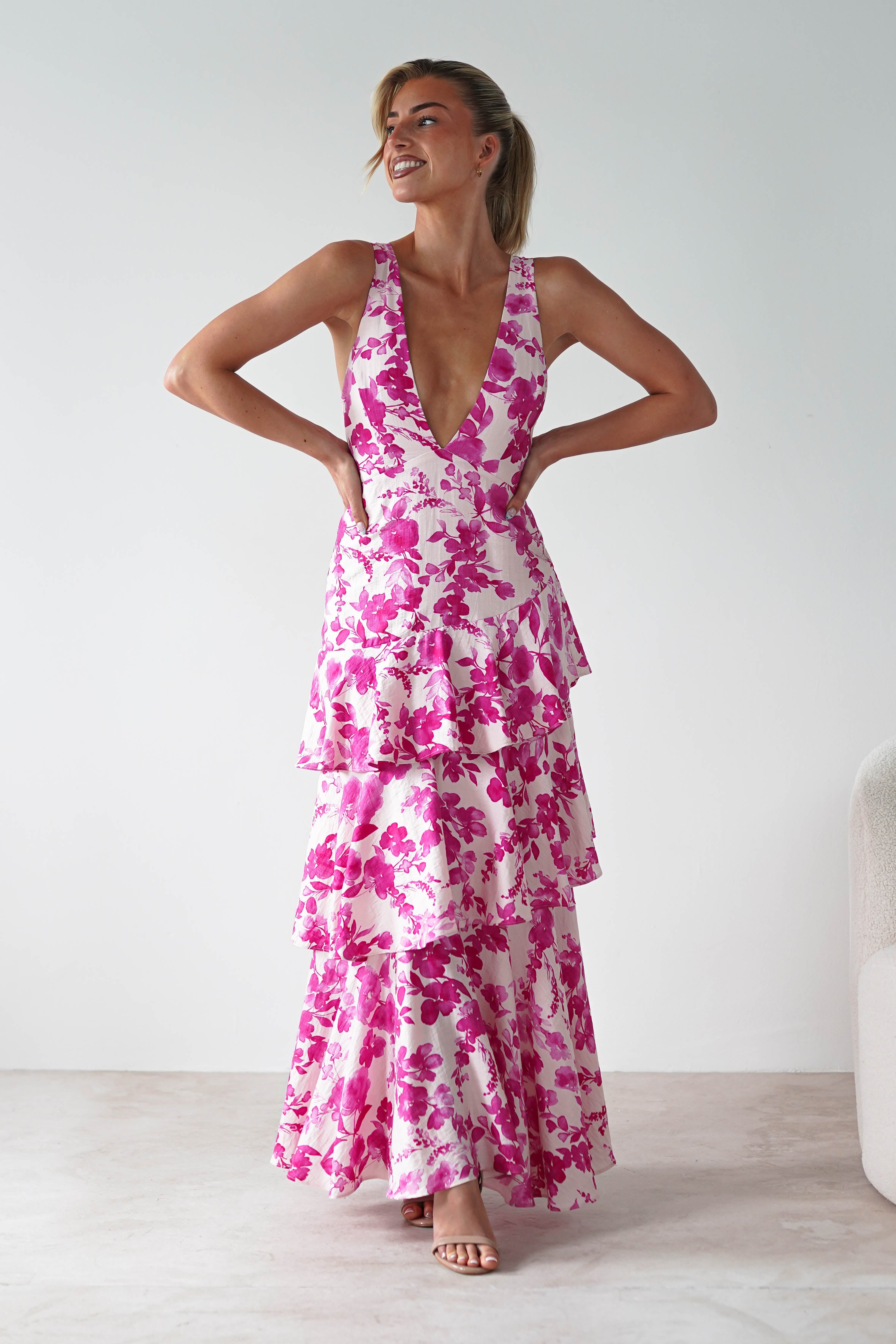 Varana Floral Ruffle Maxi Dress | Pink - Oh Hello Clothing
