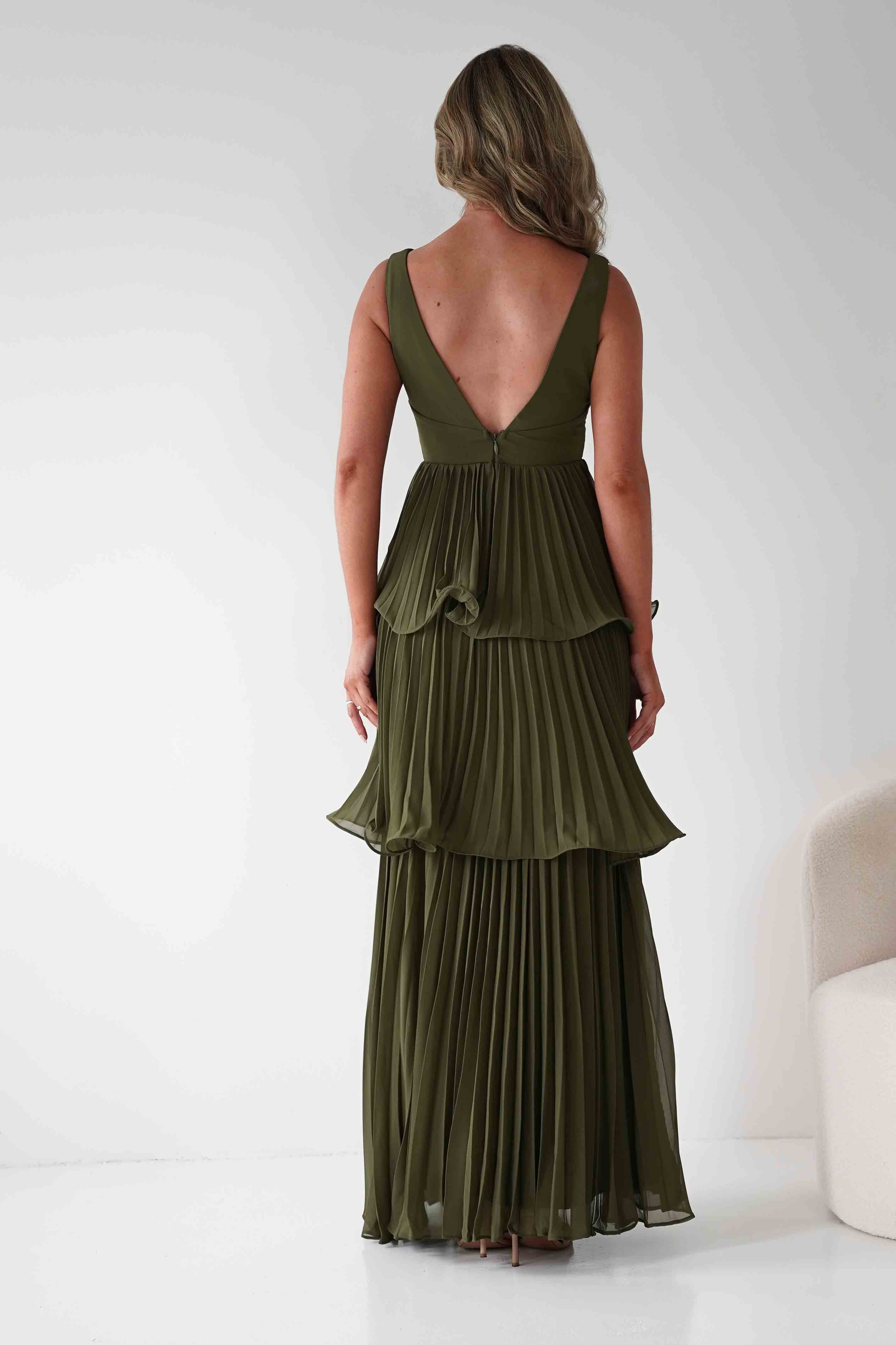 MANIJU Dresses Vina Tiered Pleated Layered Maxi Dress | Dark Olive