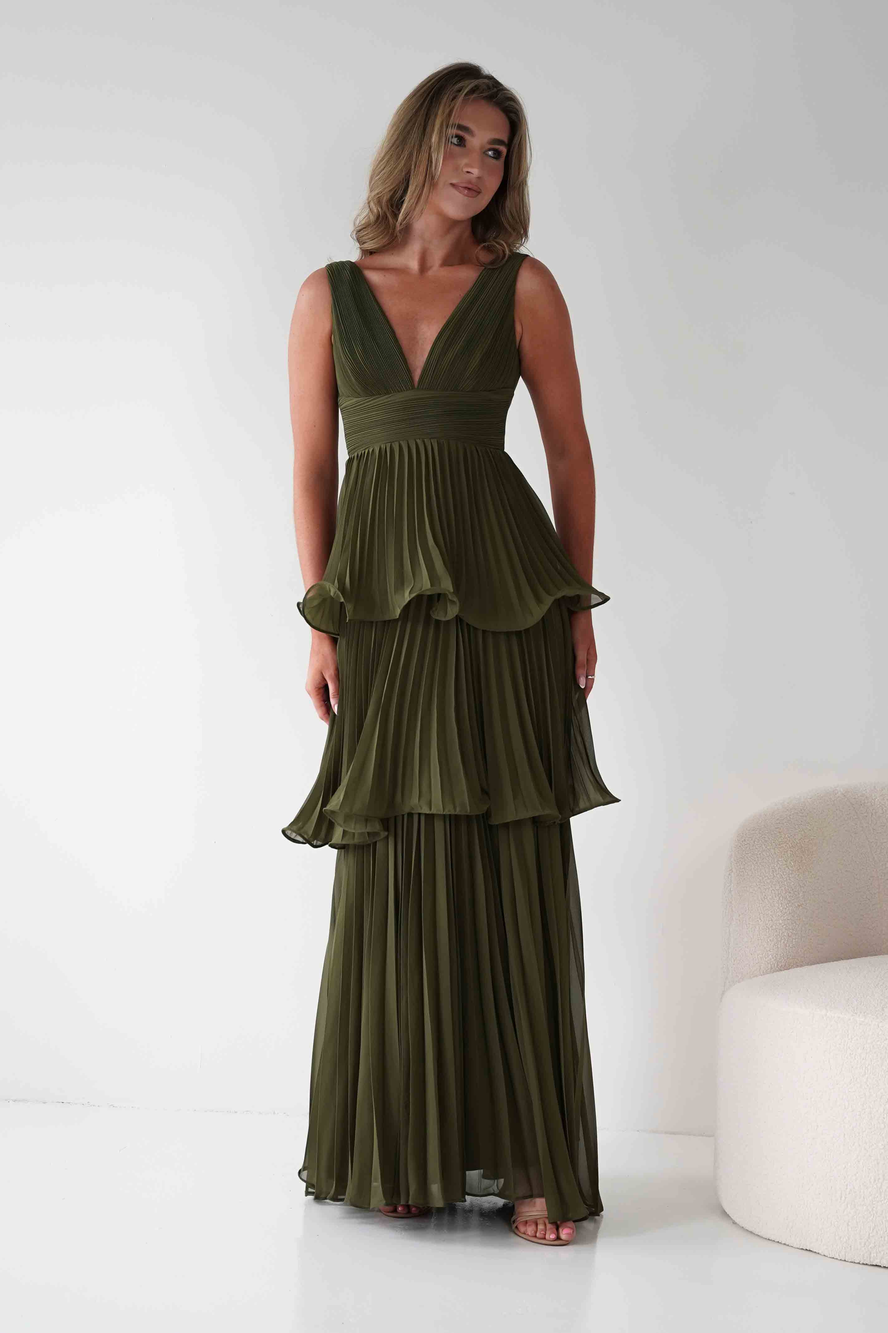 MANIJU Dresses Vina Tiered Pleated Layered Maxi Dress | Dark Olive