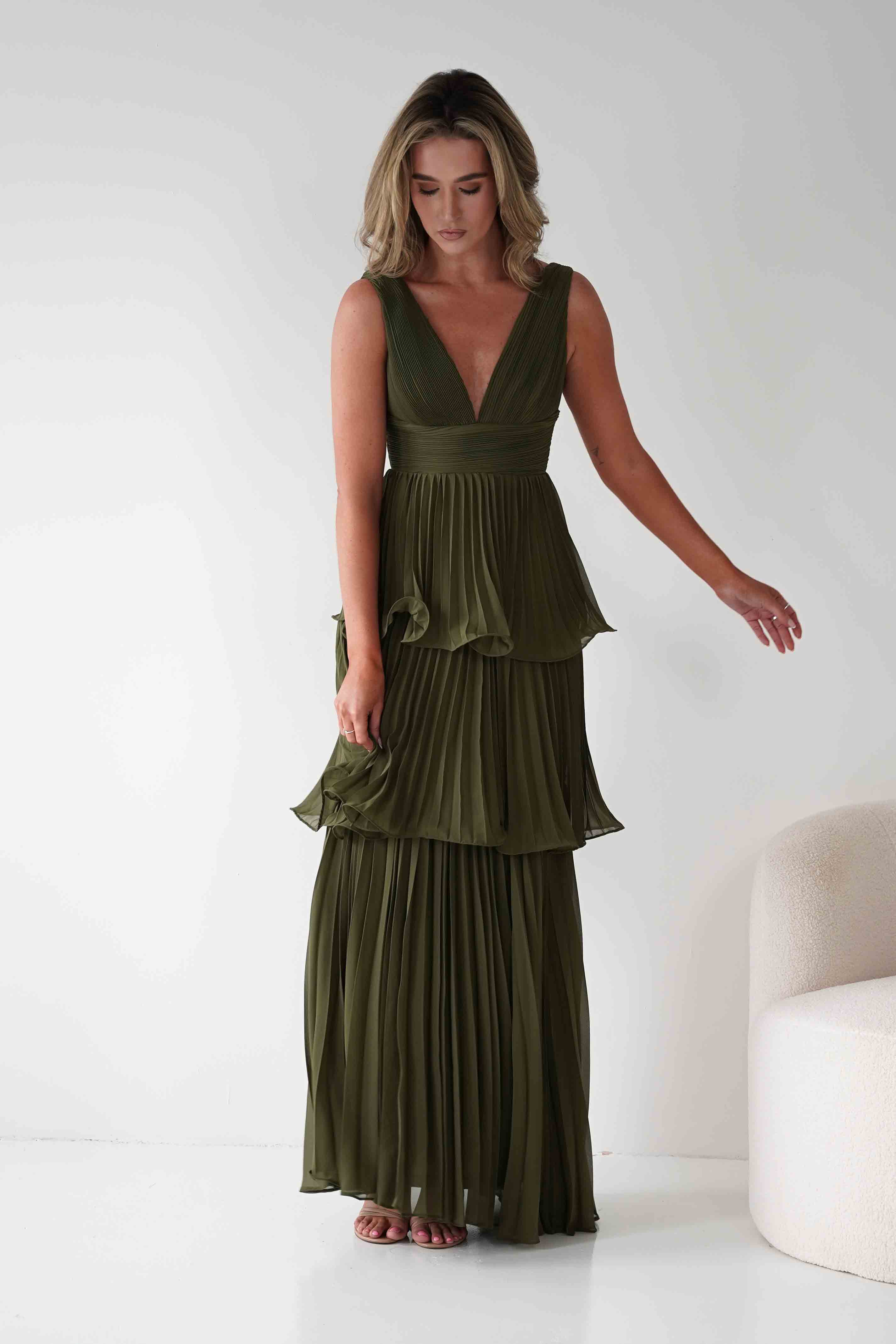 MANIJU Dresses Vina Tiered Pleated Layered Maxi Dress | Dark Olive