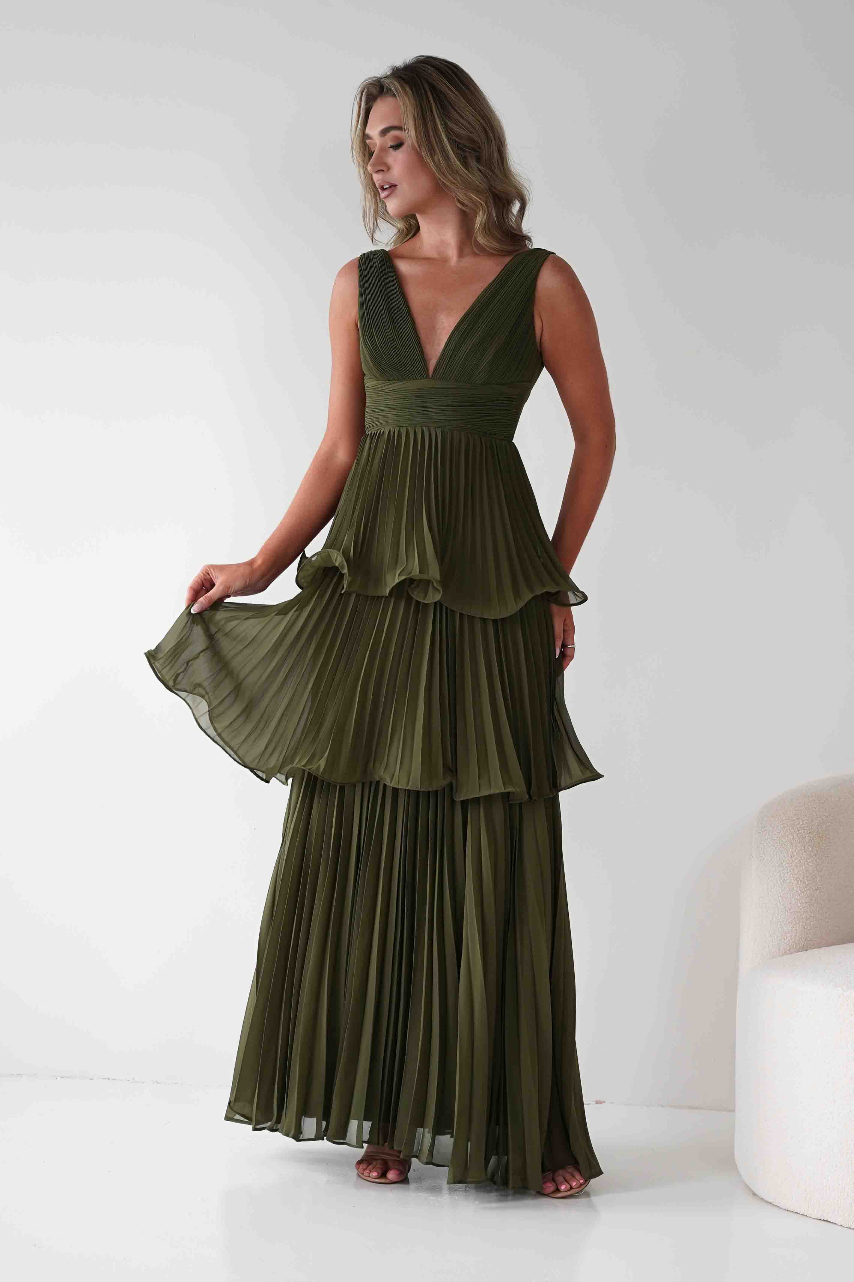 MANIJU Dresses Vina Tiered Pleated Layered Maxi Dress | Dark Olive
