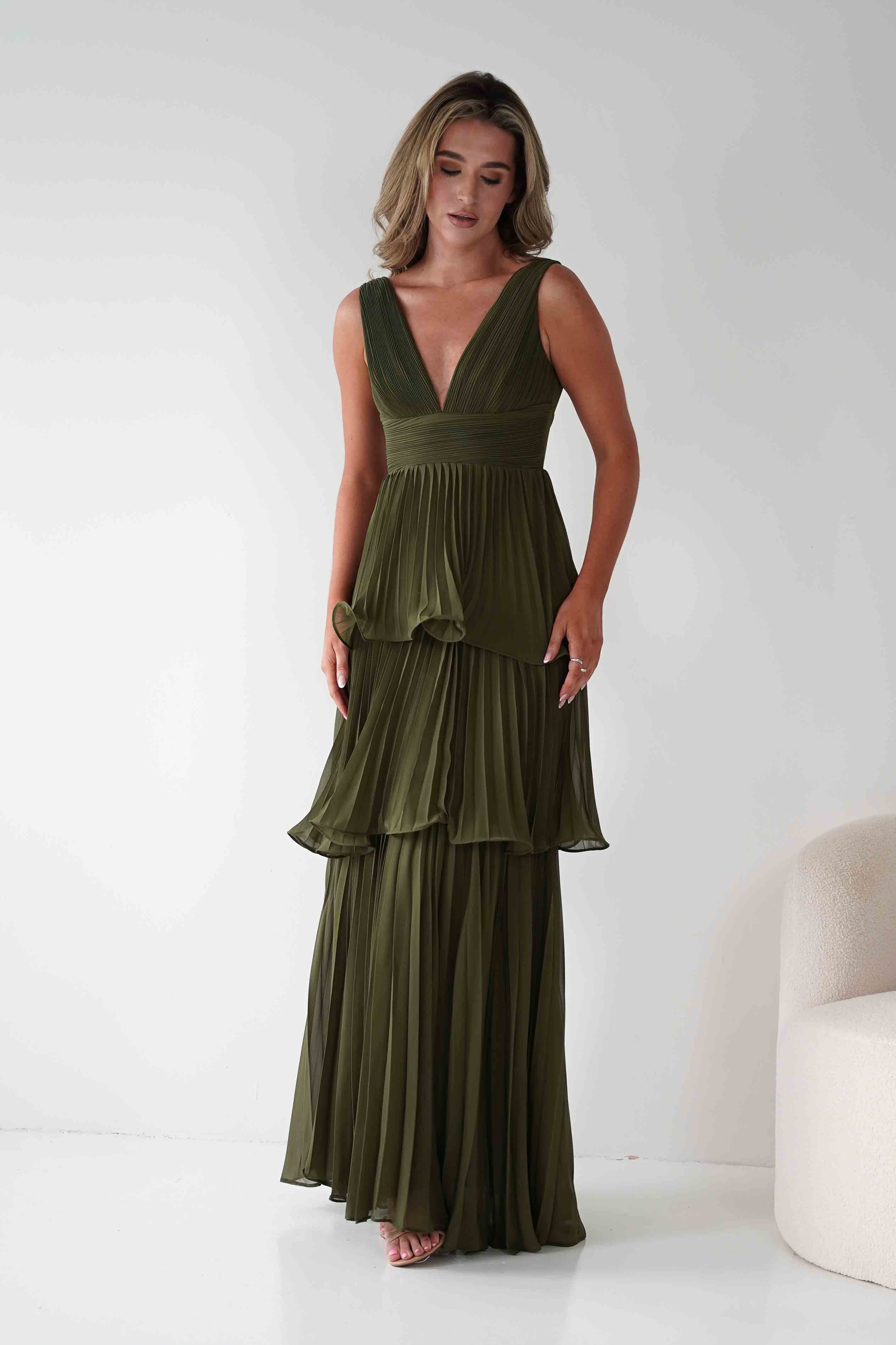 MANIJU Dresses Vina Tiered Pleated Layered Maxi Dress | Dark Olive