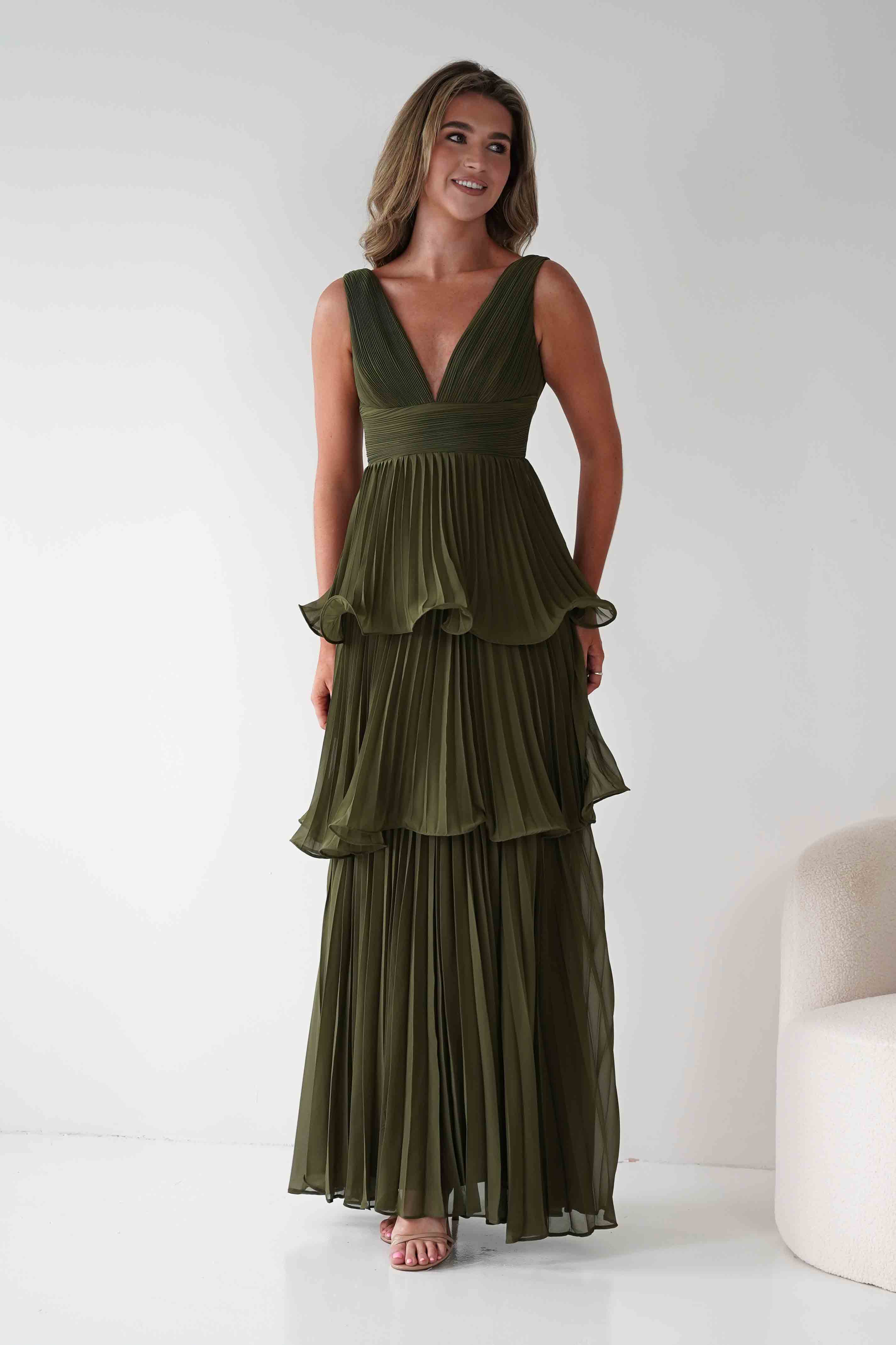 MANIJU Dresses Vina Tiered Pleated Layered Maxi Dress | Dark Olive