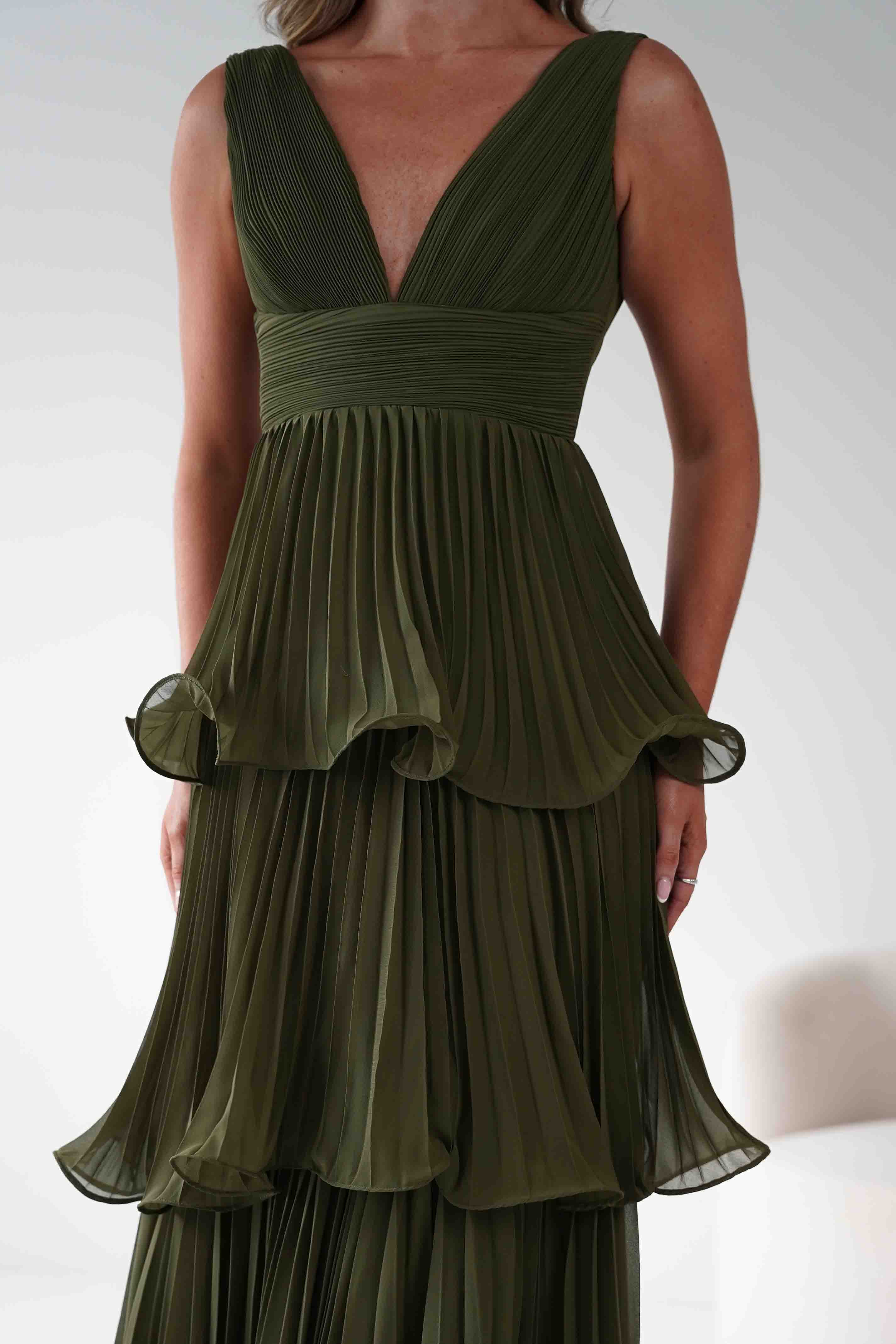 MANIJU Dresses Vina Tiered Pleated Layered Maxi Dress | Dark Olive