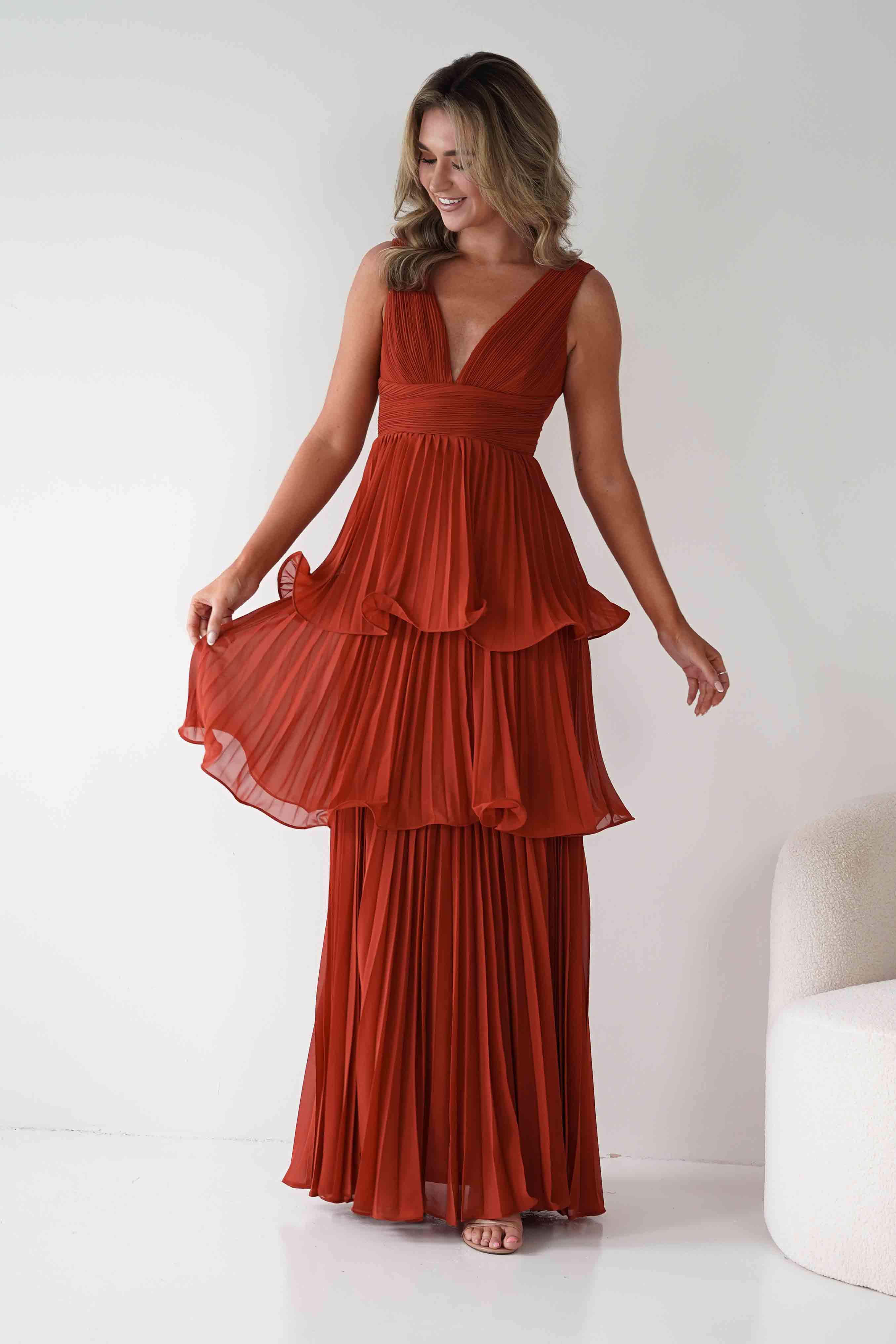 MANIJU Dresses Vina Tiered Pleated Layered Maxi Dress | Rust