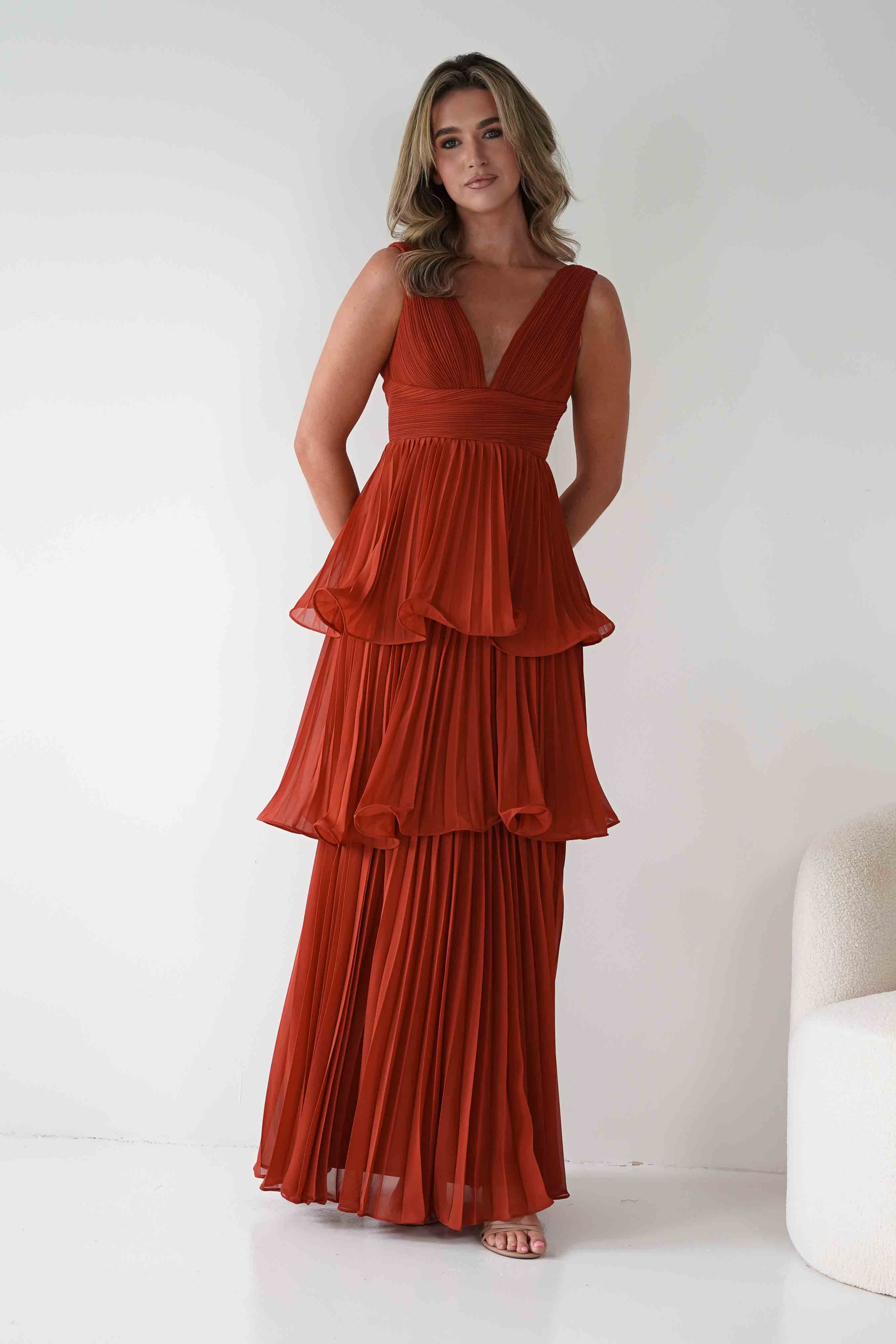 MANIJU Dresses Vina Tiered Pleated Layered Maxi Dress | Rust