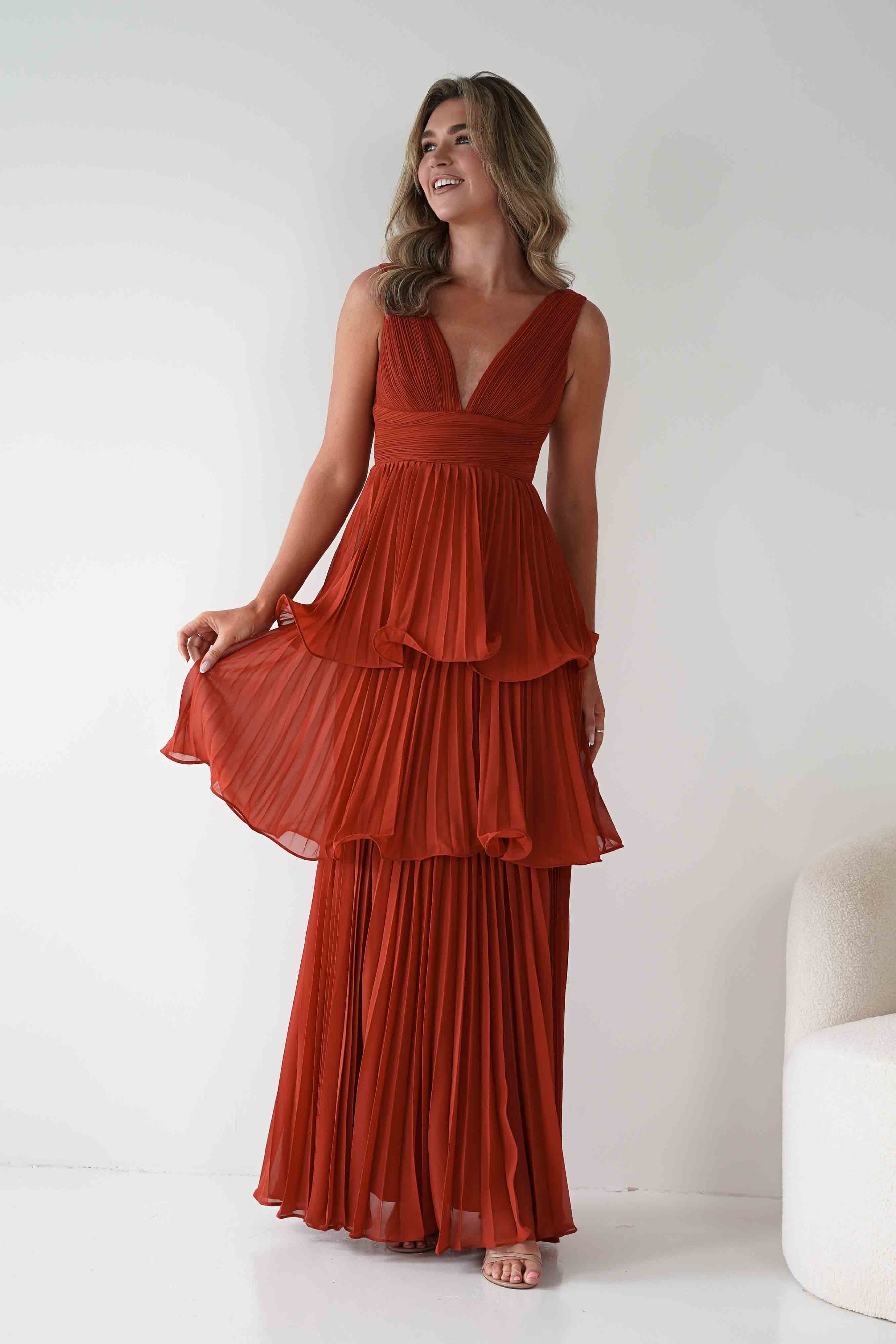 MANIJU Dresses Vina Tiered Pleated Layered Maxi Dress | Rust