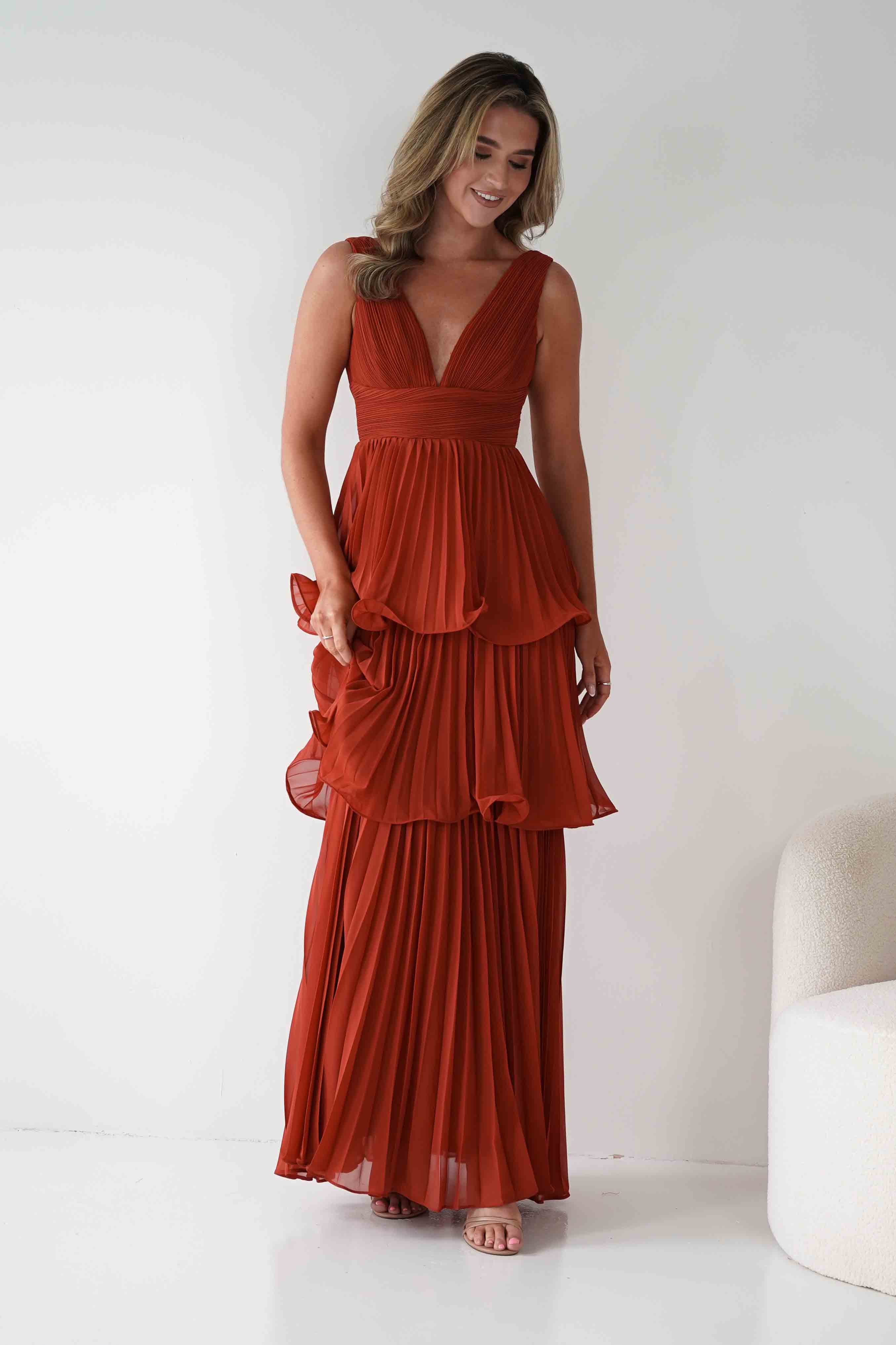 MANIJU Dresses Vina Tiered Pleated Layered Maxi Dress | Rust