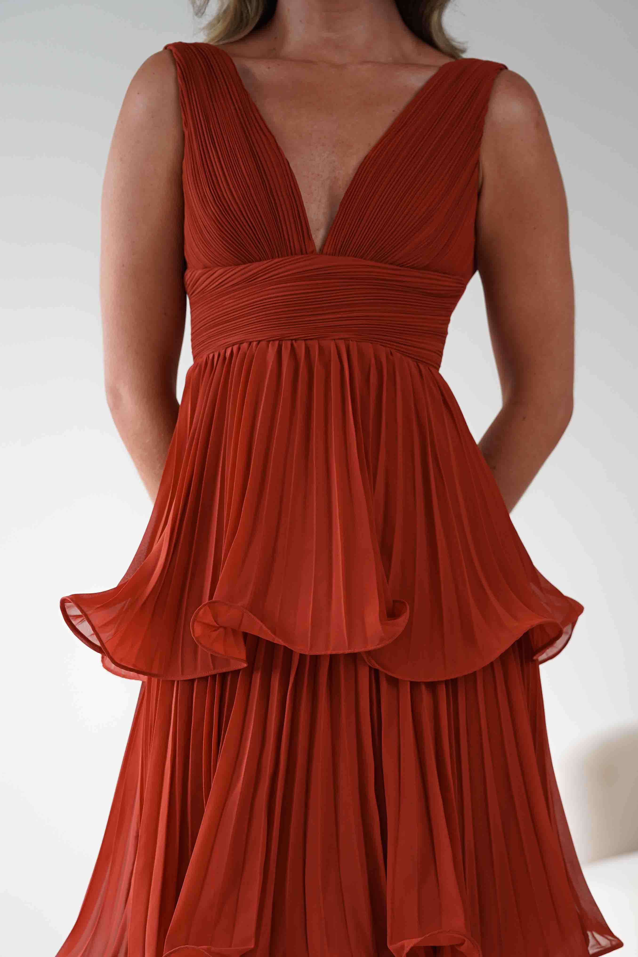 MANIJU Dresses Vina Tiered Pleated Layered Maxi Dress | Rust