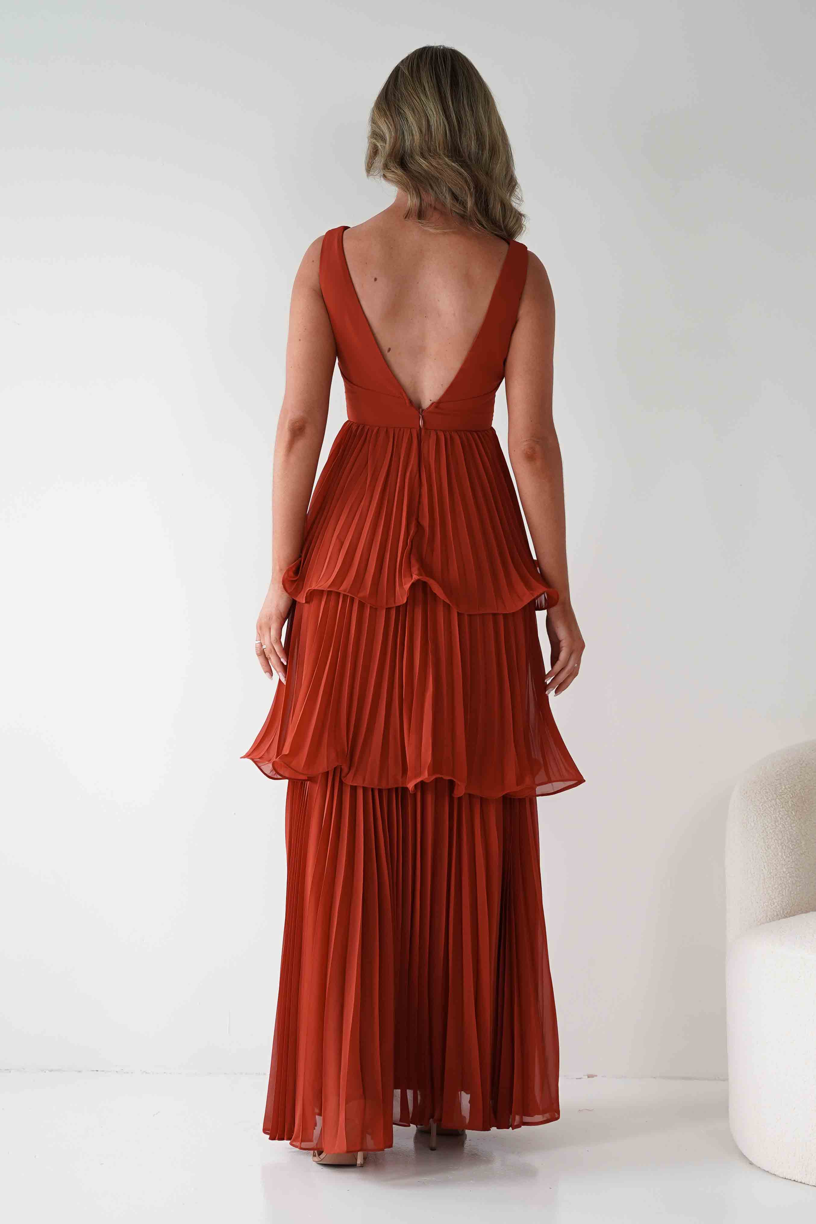 MANIJU Dresses Vina Tiered Pleated Layered Maxi Dress | Rust