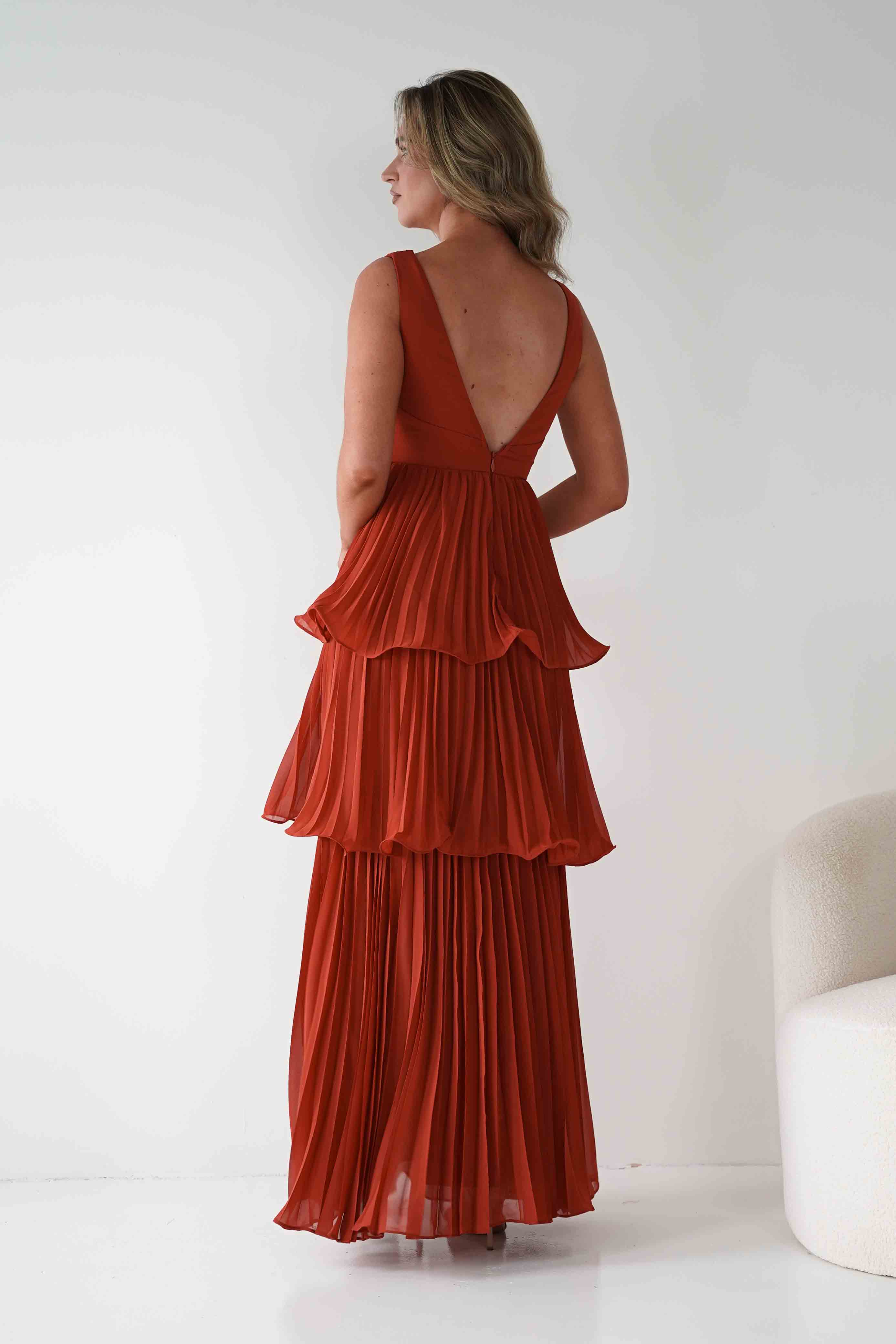 MANIJU Dresses Vina Tiered Pleated Layered Maxi Dress | Rust