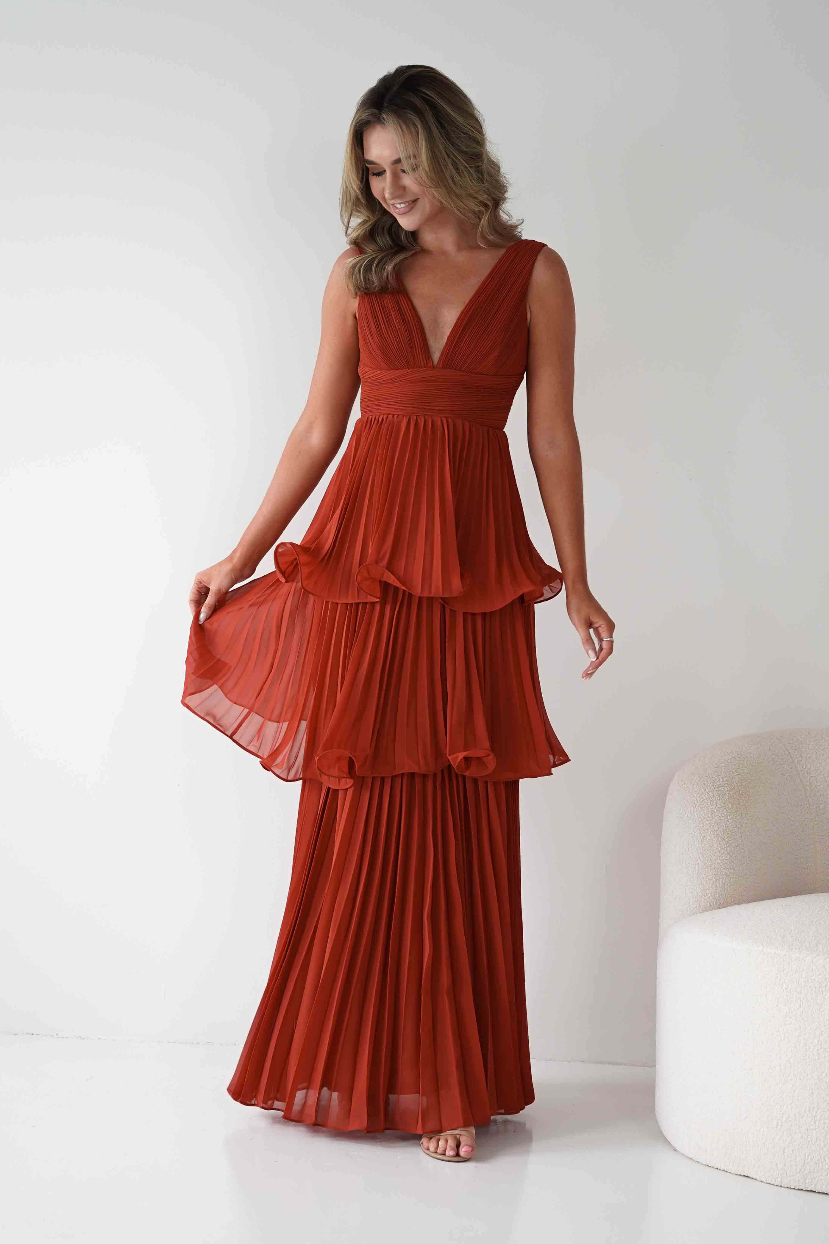 MANIJU Dresses Vina Tiered Pleated Layered Maxi Dress | Rust