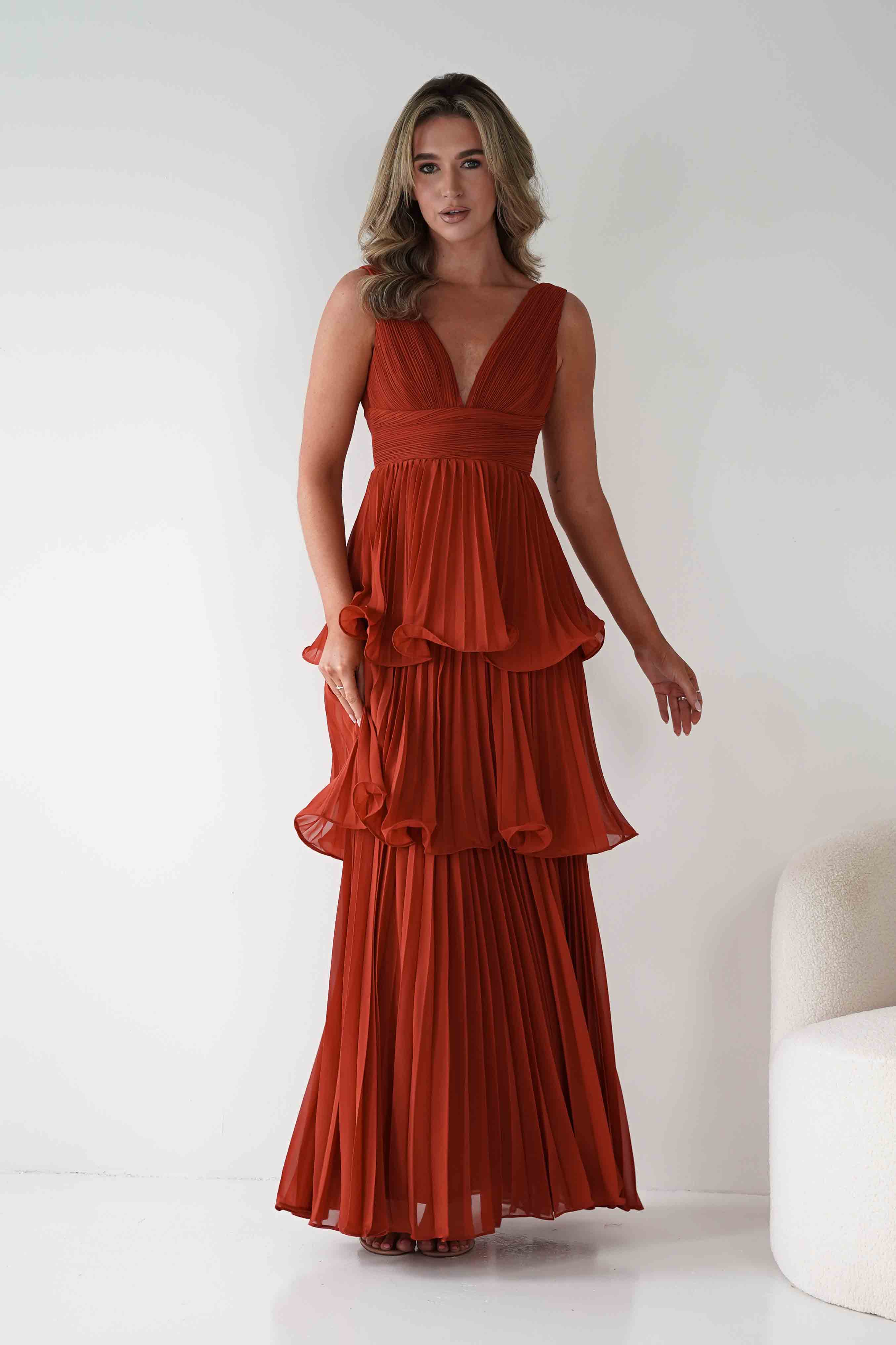 MANIJU Dresses Vina Tiered Pleated Layered Maxi Dress | Rust