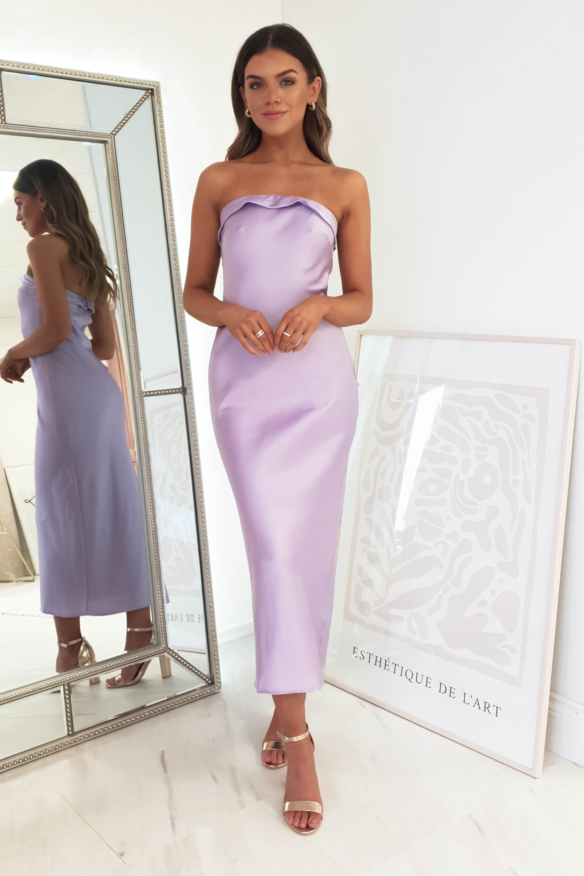 Allegra Strapless Satin Midi Dress | Lilac | Oh Hello Clothing | XS (6)