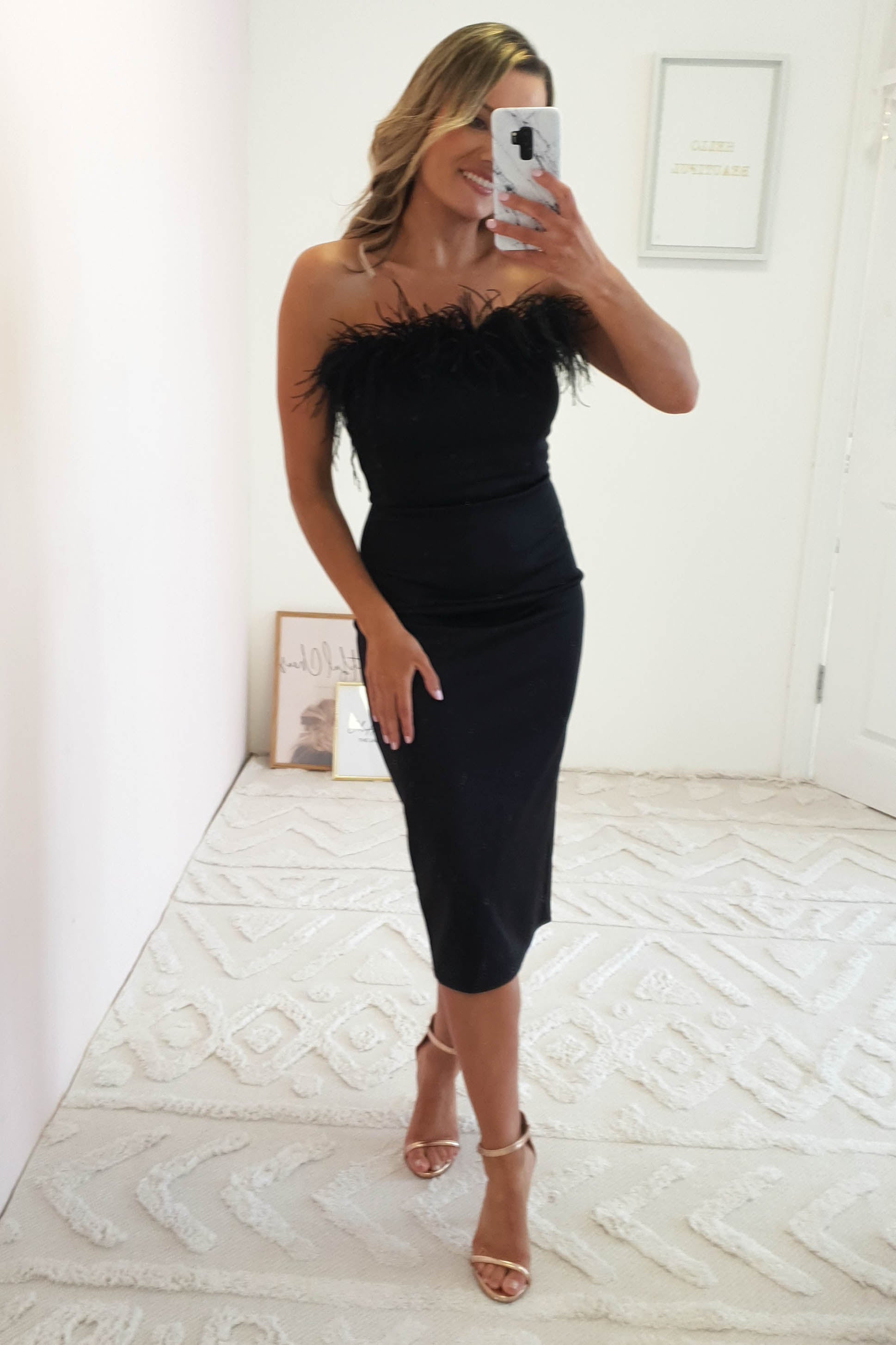 Ashlyn Feather Detail Midi Dress | Black | Oh Hello Clothing | XS (6)
