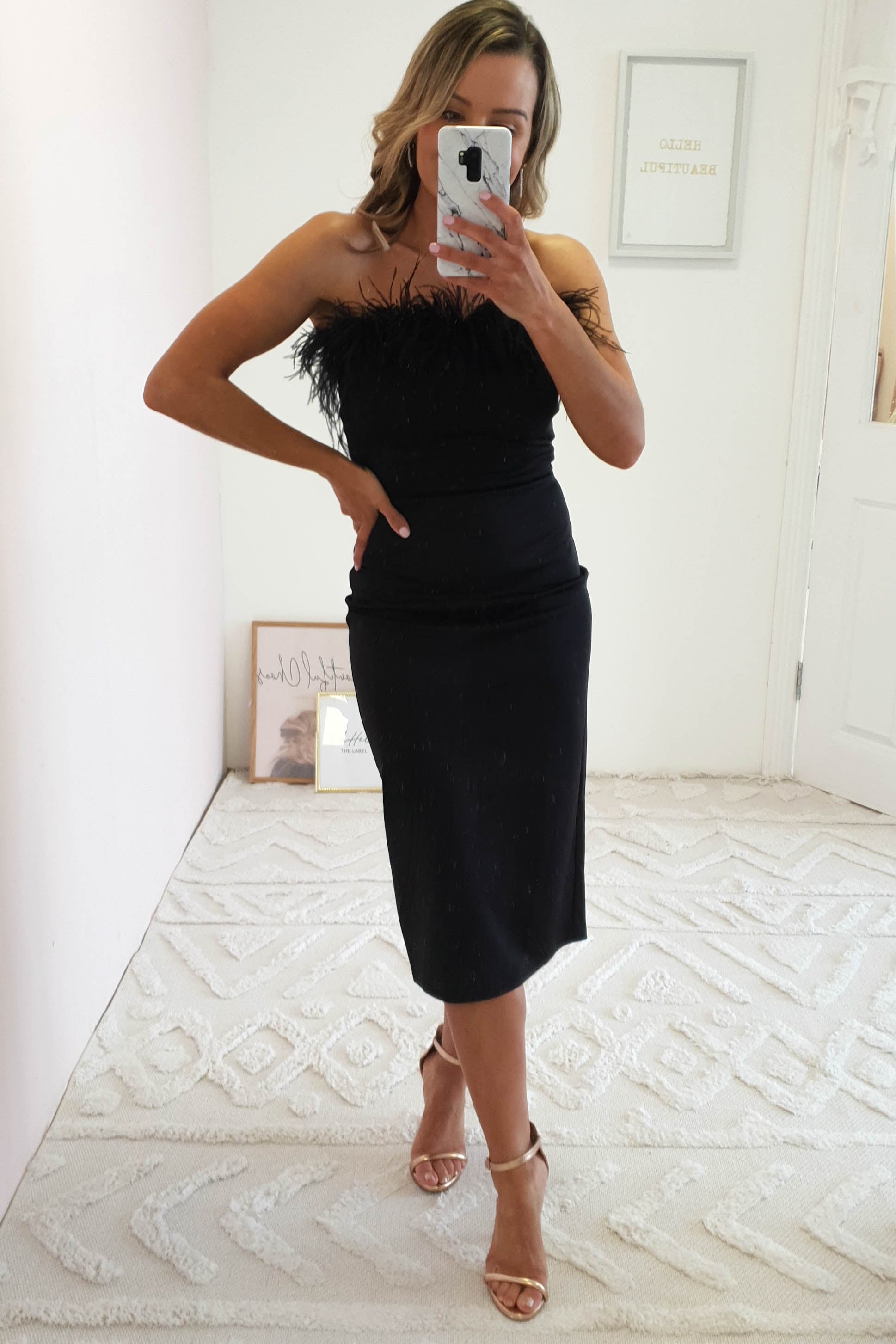 Ashlyn Feather Detail Midi Dress | Black - Oh Hello Clothing