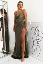Cally High Slit Corset Gown | Olive - Oh Hello Clothing